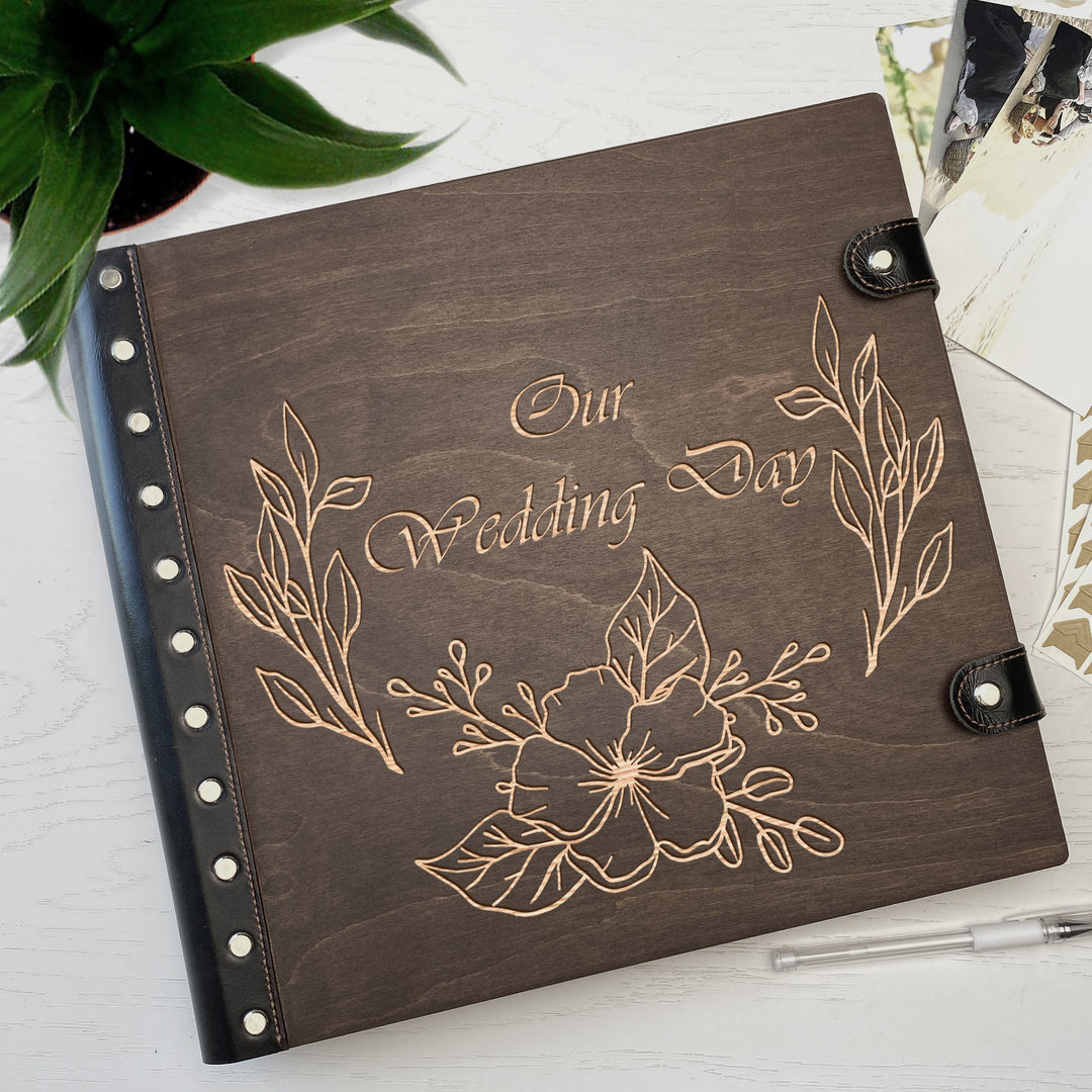 Personalized photo album with leather cover and Wedding day engraving photo