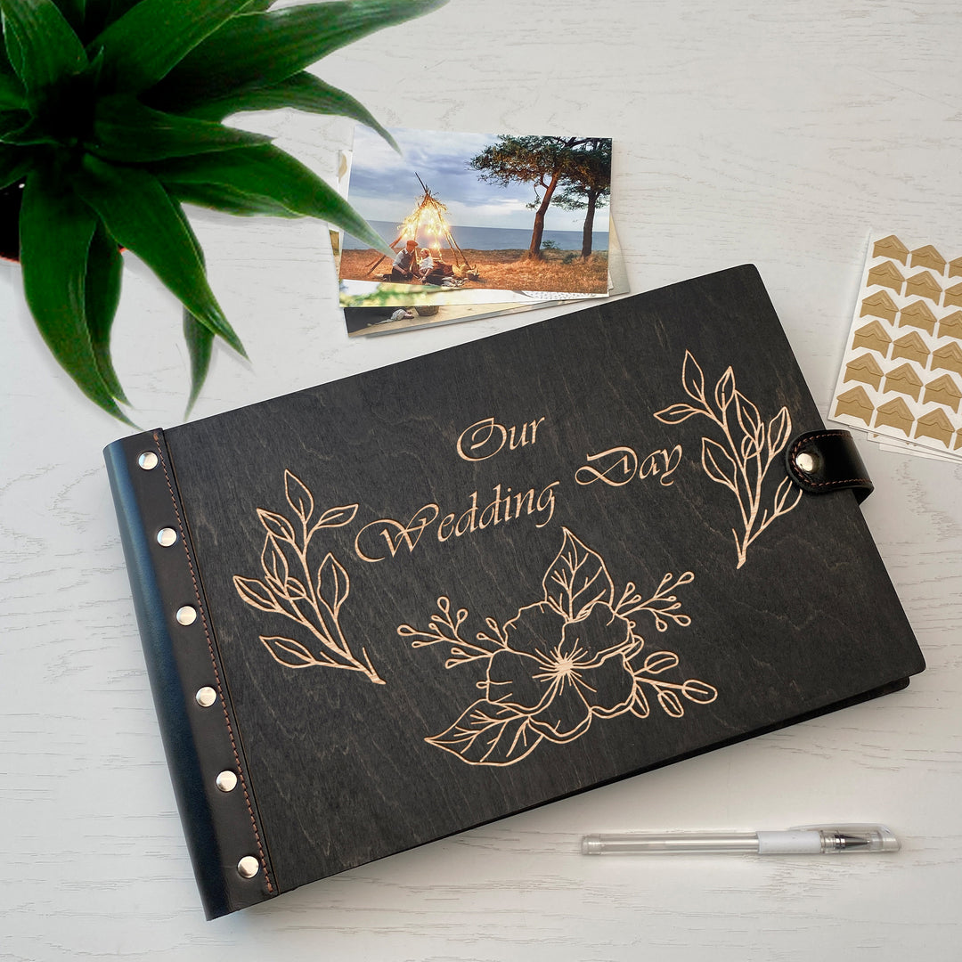 Personalized photo album with leather cover and Wedding day engraving photo №4
