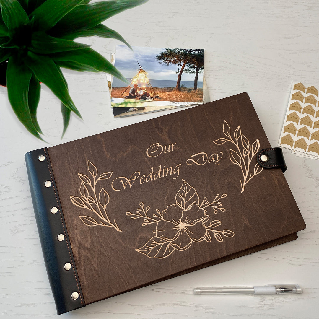 Personalized photo album with leather cover and Wedding day engraving photo №2