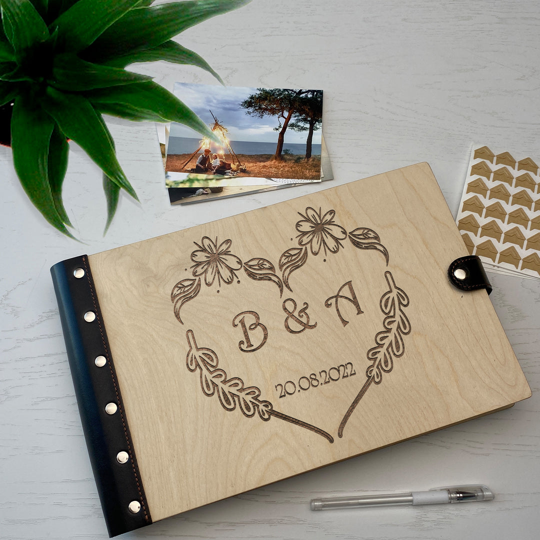 Personalized photo album with leather cover and Wedding initials engraving photo №2