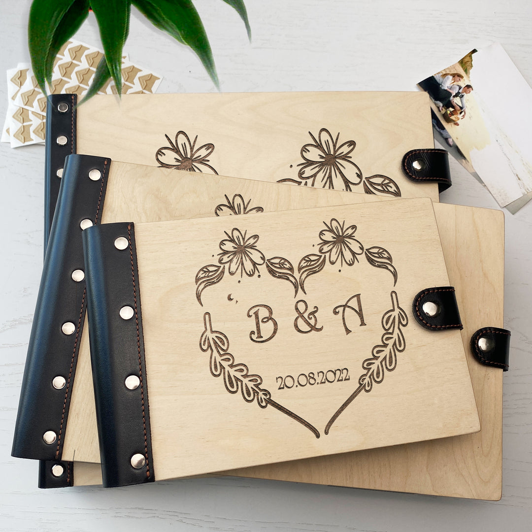 Personalized photo album with leather cover and Wedding initials engraving photo №19