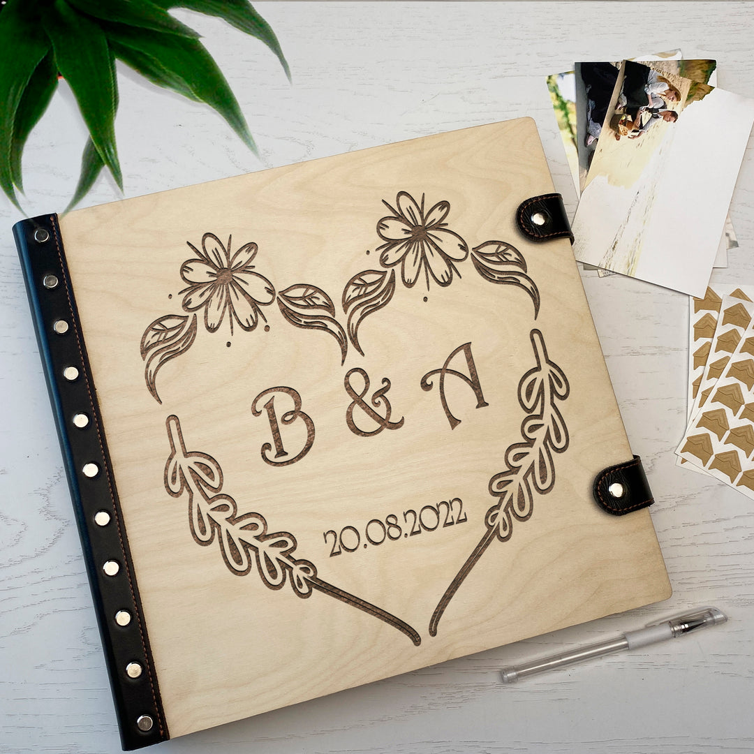 Personalized photo album with leather cover and Wedding initials engraving photo
