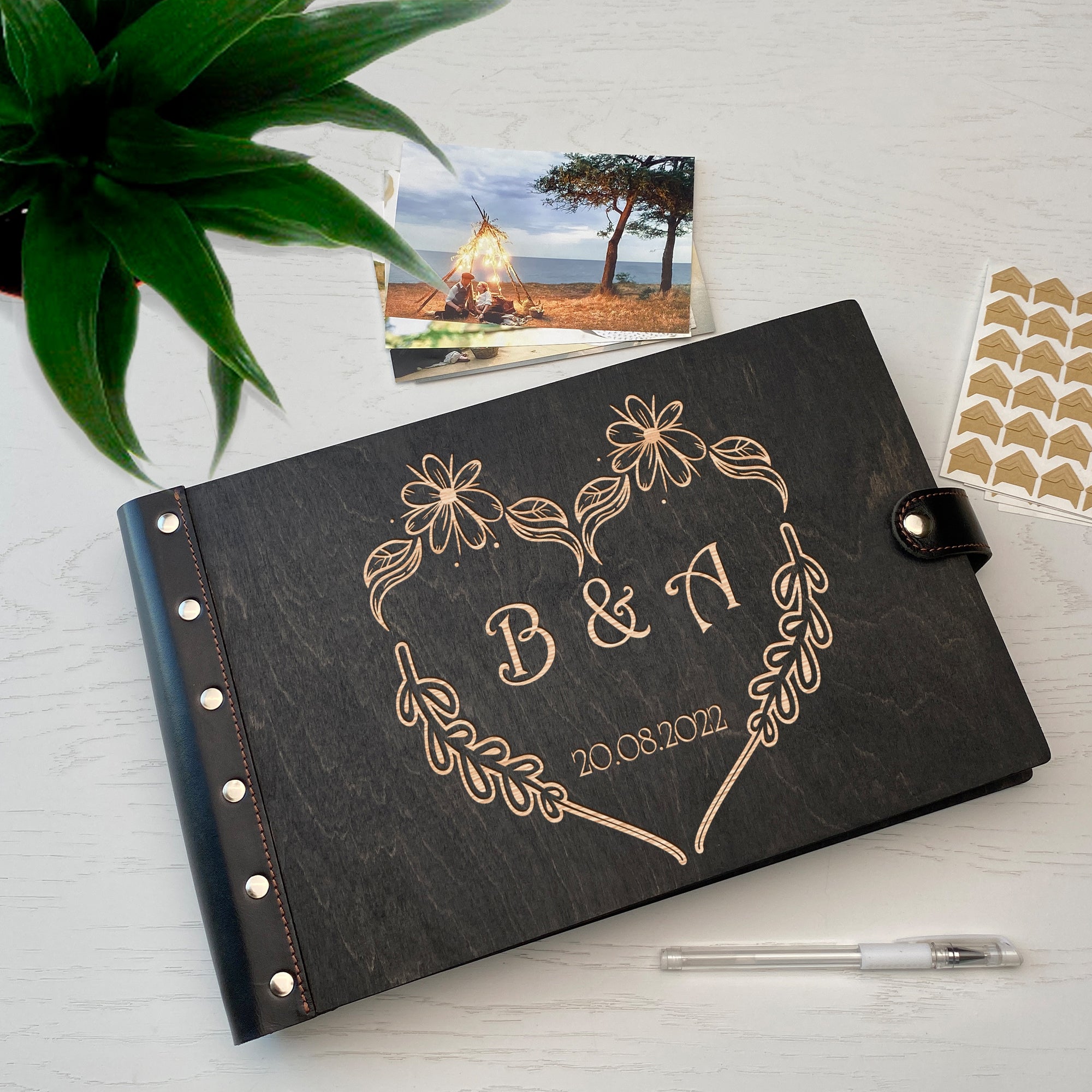 Personalized photo album with leather cover and Wedding initials engraving