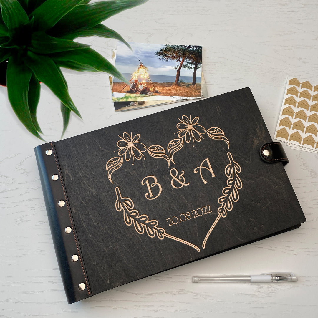 Personalized photo album with leather cover and Wedding initials engraving photo №5