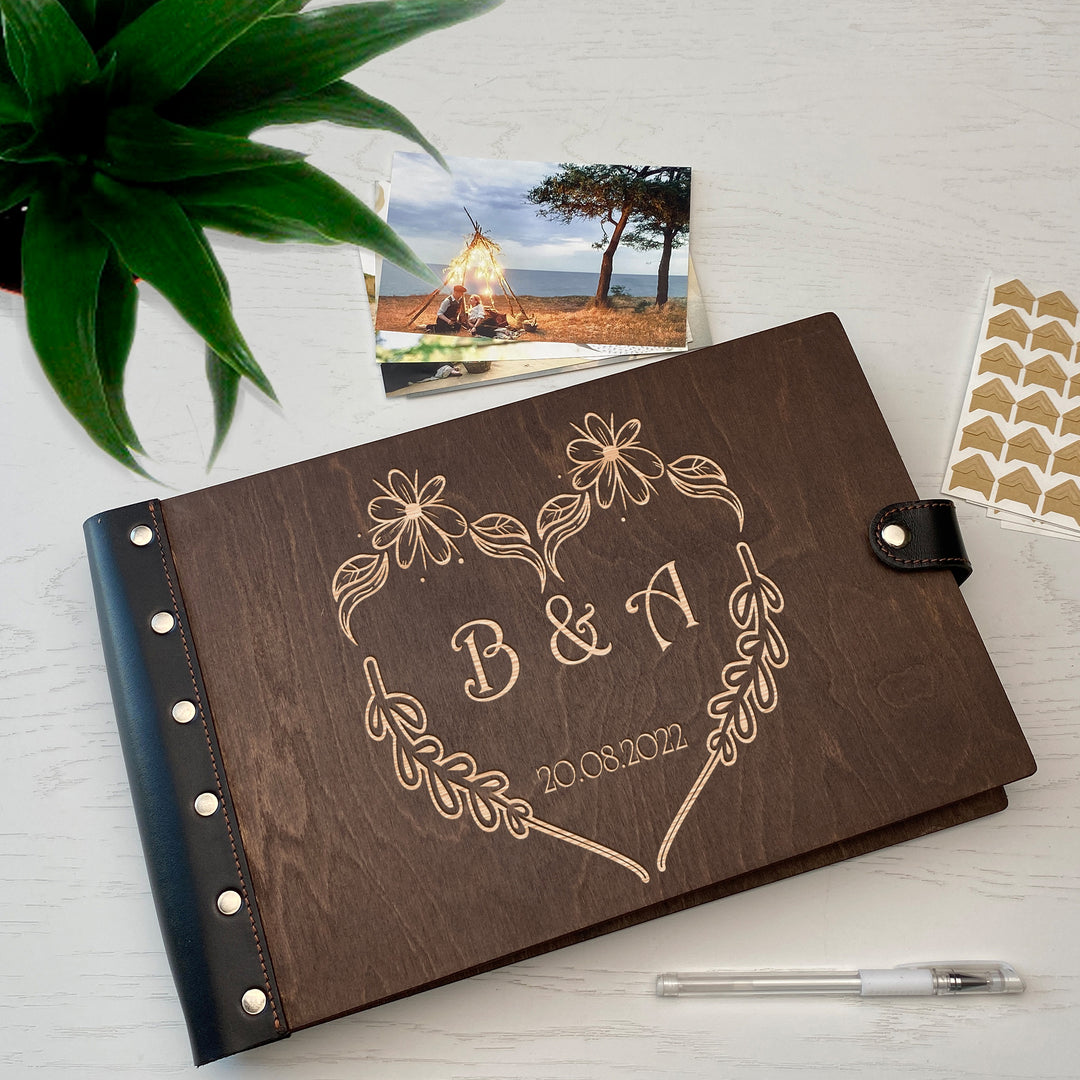 Personalized photo album with leather cover and Wedding initials engraving photo №7
