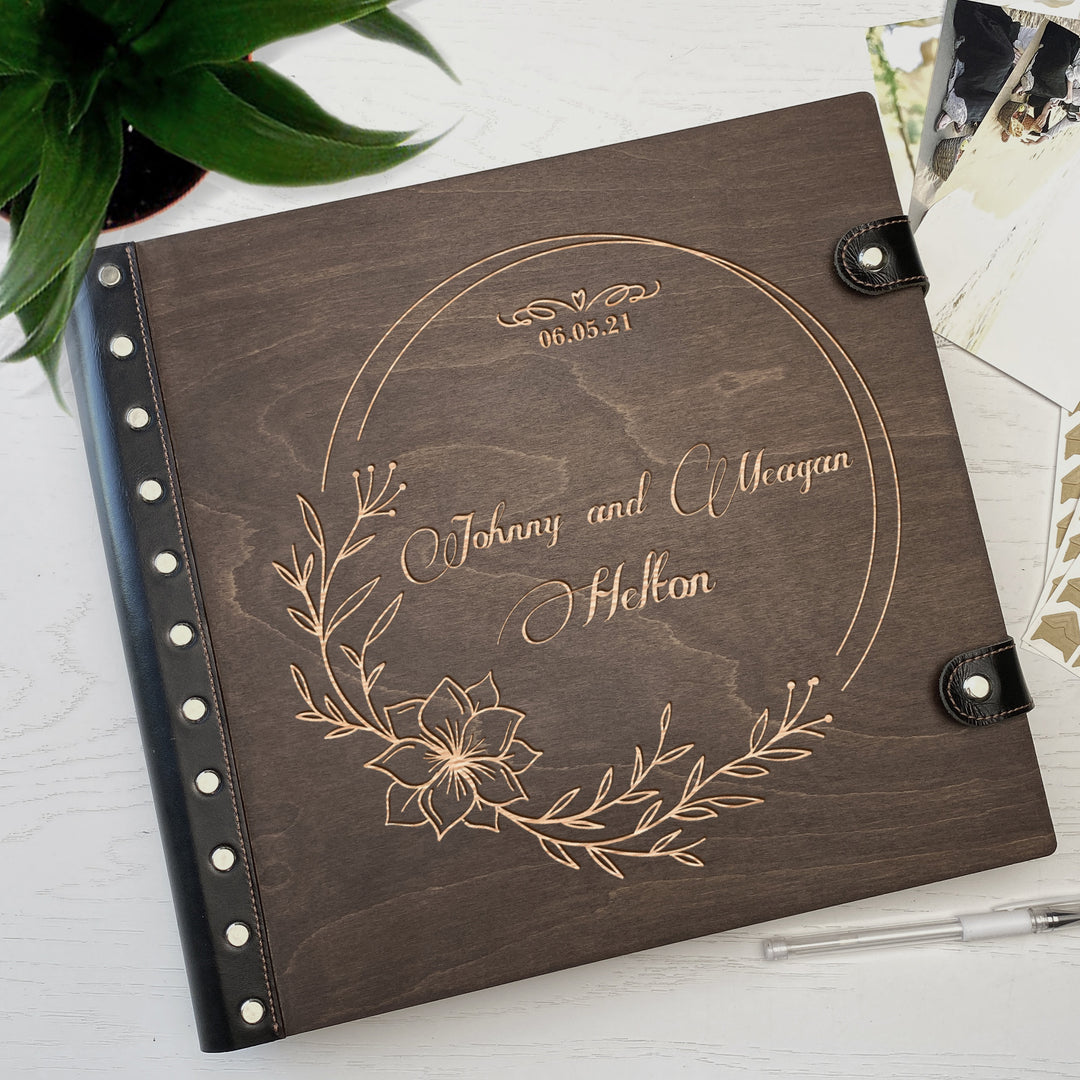 Personalized photo album with leather cover and Flowers engraving photo №3