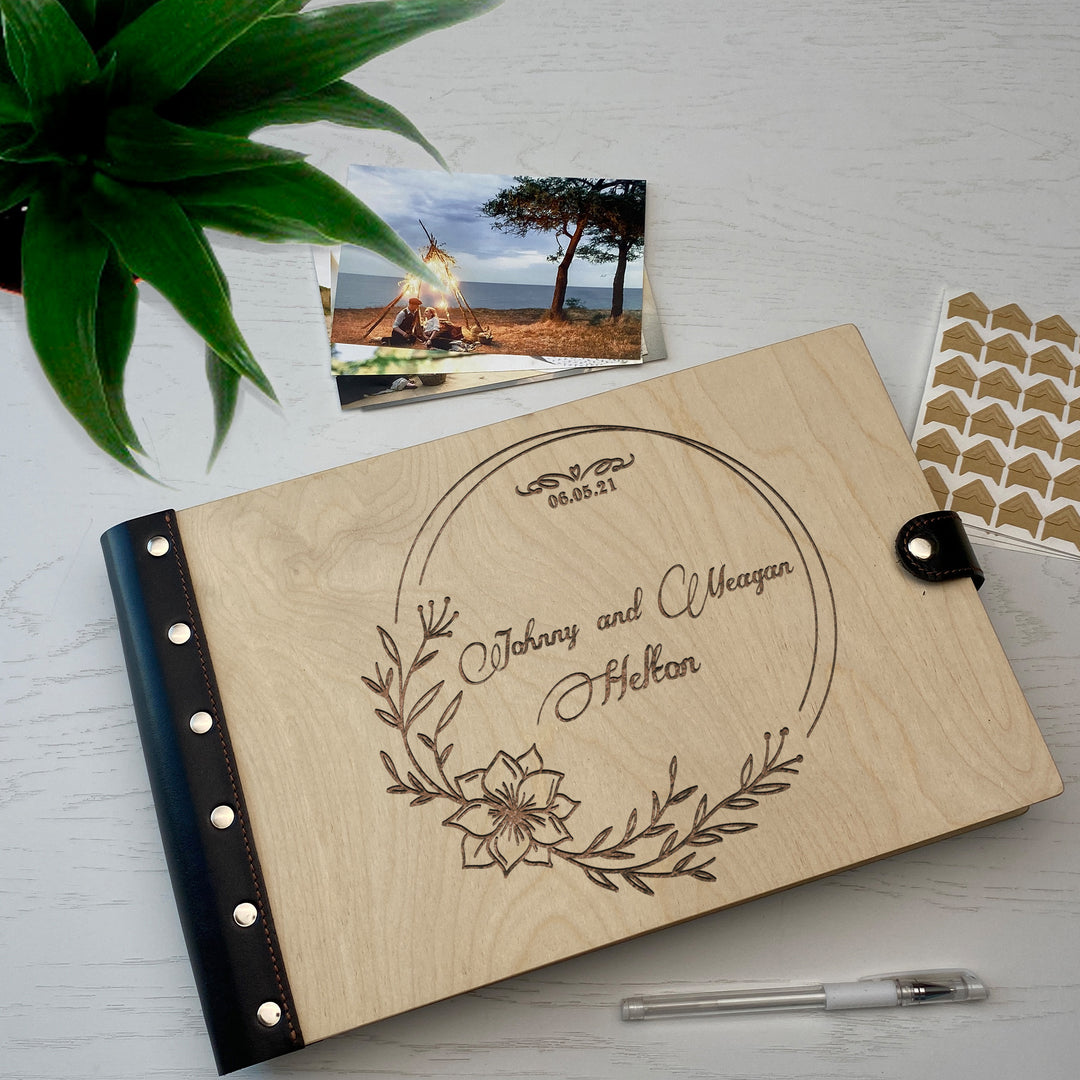 Personalized photo album with leather cover and Flowers engraving photo №6