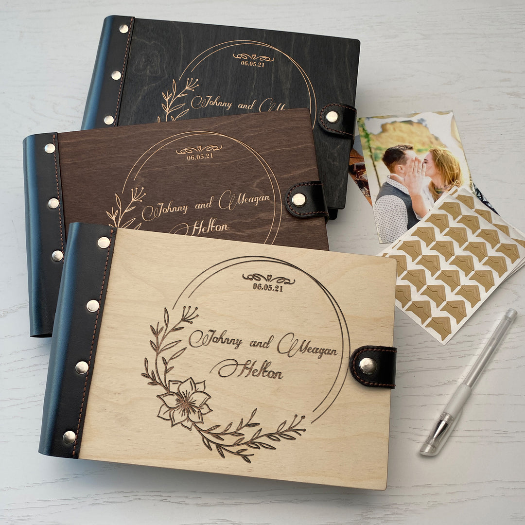 Personalized photo album with leather cover and Flowers engraving photo №10
