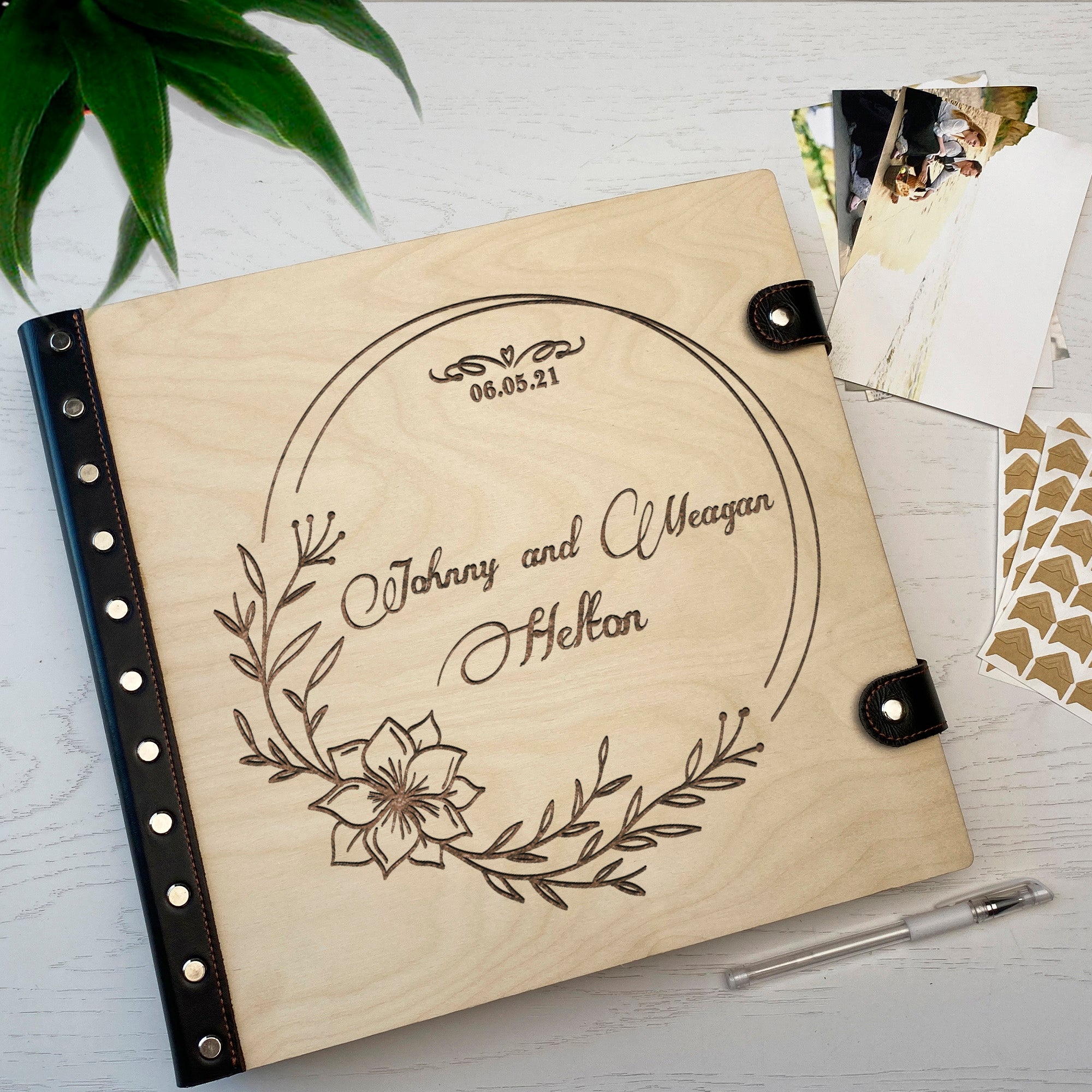 Personalized photo album with leather cover and Flowers engraving