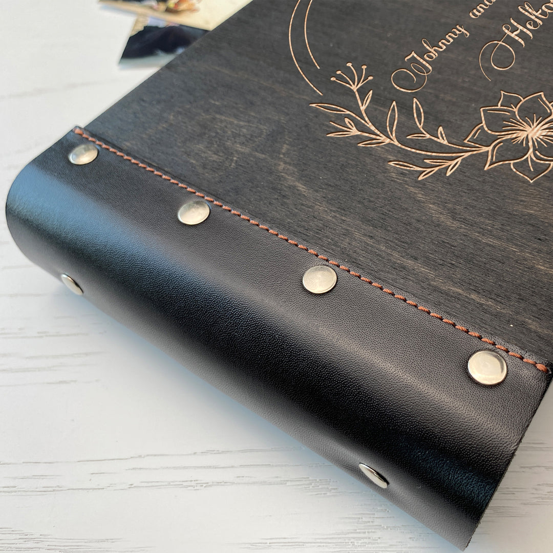 Personalized photo album with leather cover and Flowers engraving photo №8