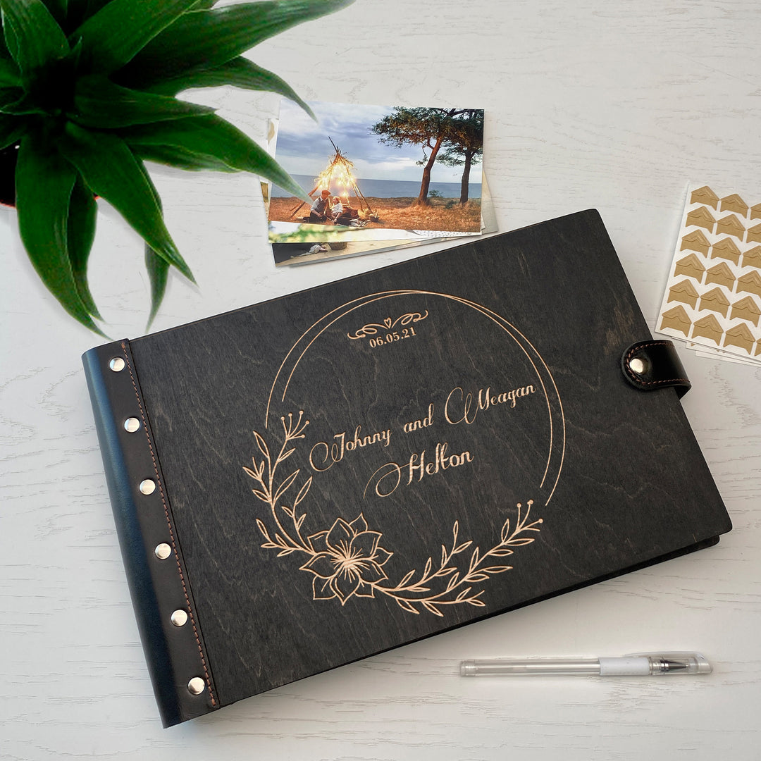 Personalized photo album with leather cover and Flowers engraving photo №2
