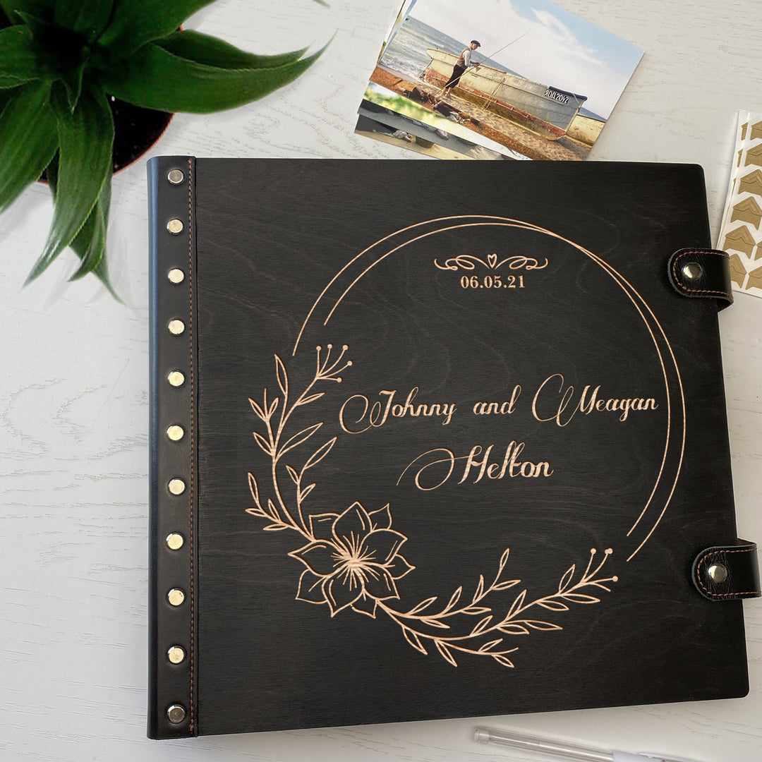Personalized photo album with leather cover and Flowers engraving photo