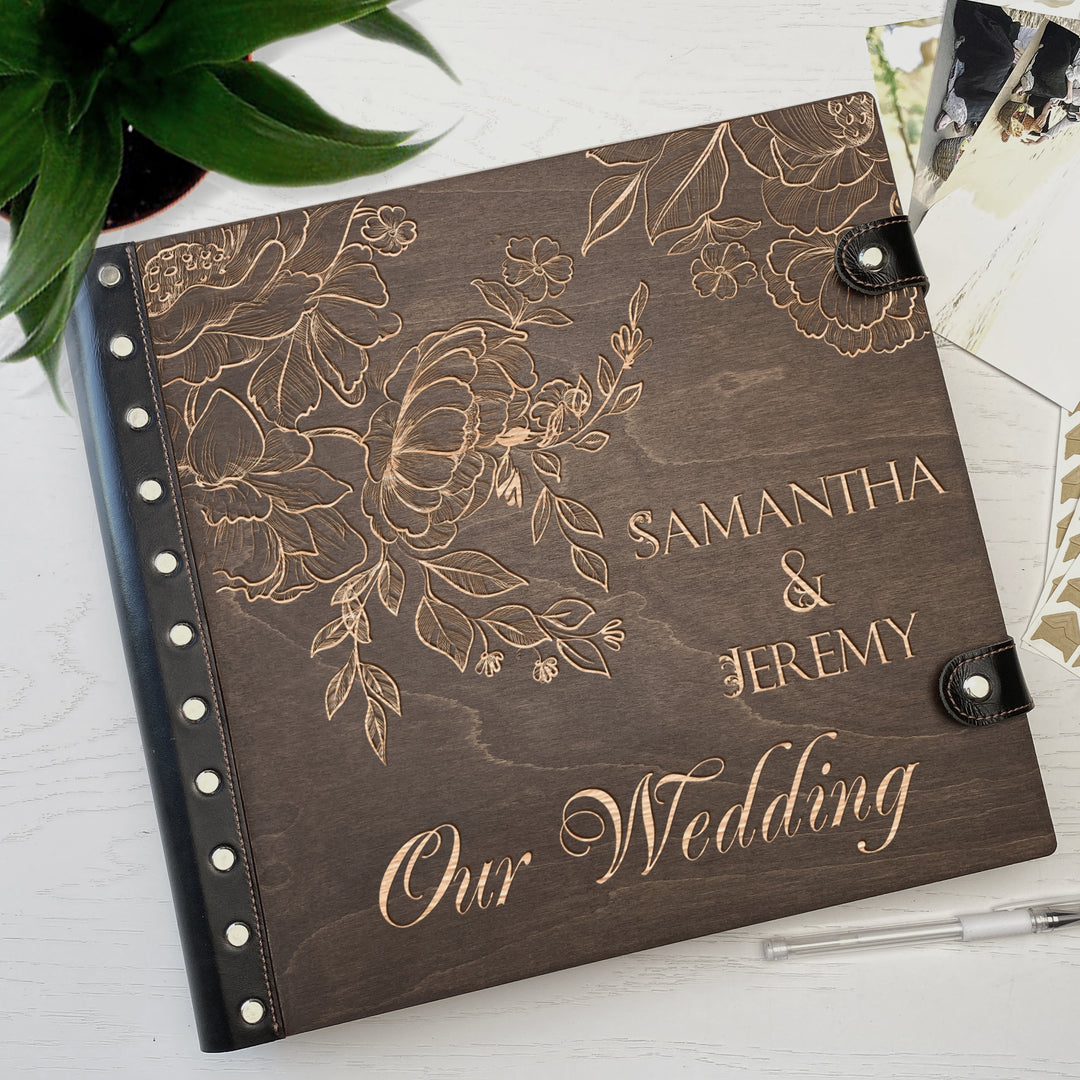 Personalized photo album with leather cover and Peonies Flowers engraving photo №2