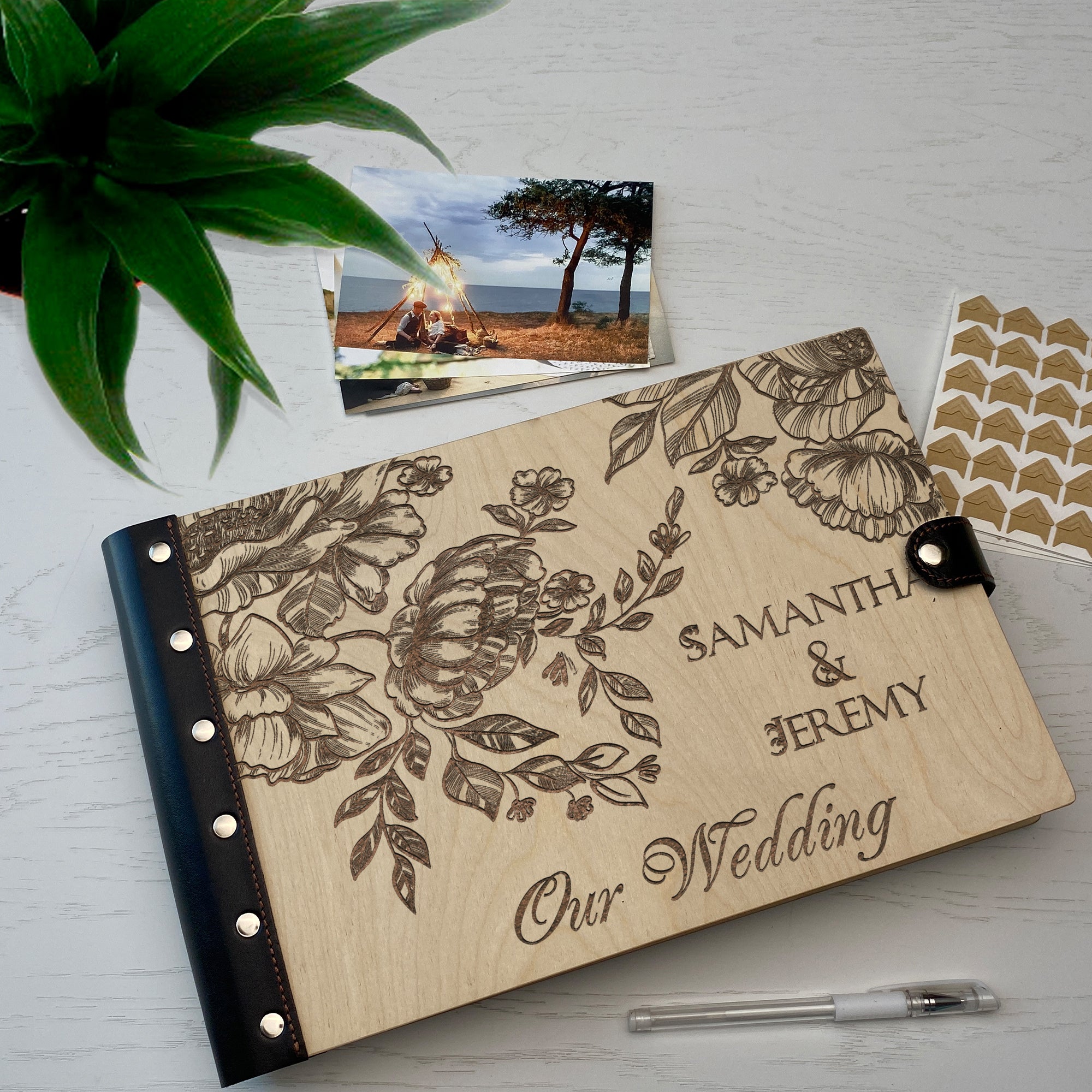 Personalized photo album with leather cover and Peonies Flowers engraving