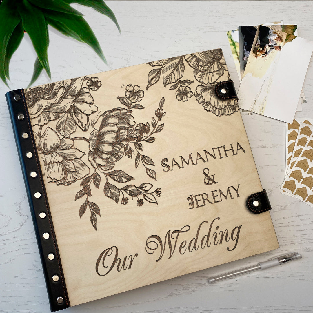 Personalized photo album with leather cover and Peonies Flowers engraving photo №7