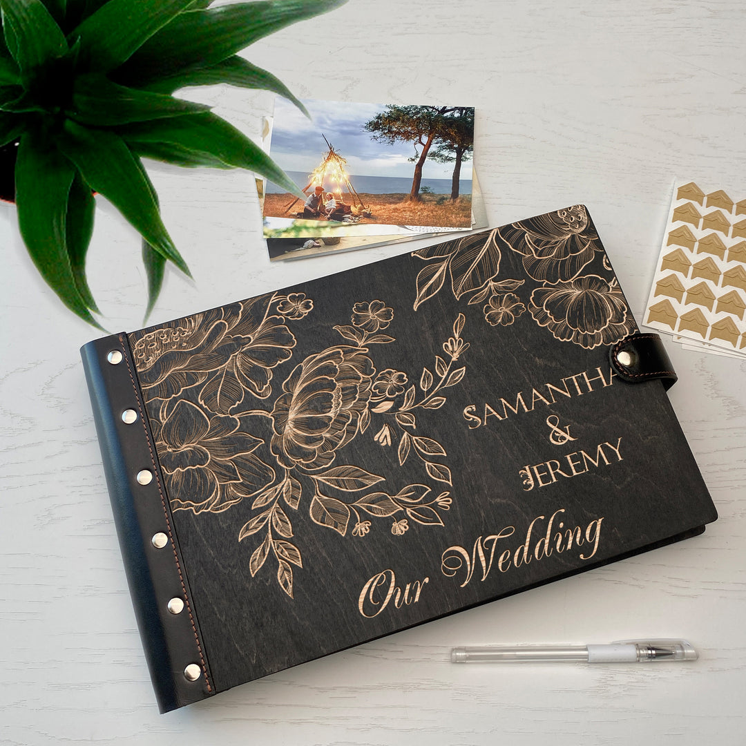 Personalized photo album with leather cover and Peonies Flowers engraving photo №4