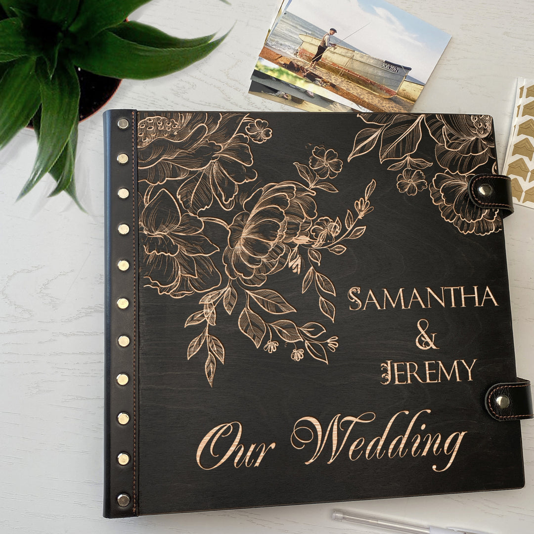 Personalized photo album with leather cover and Peonies Flowers engraving photo №5