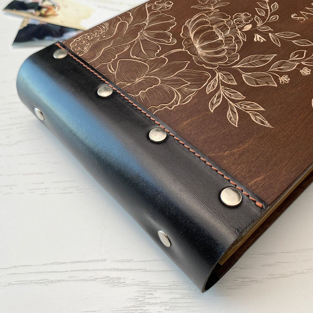 Personalized photo album with leather cover and Peonies Flowers engraving photo №3