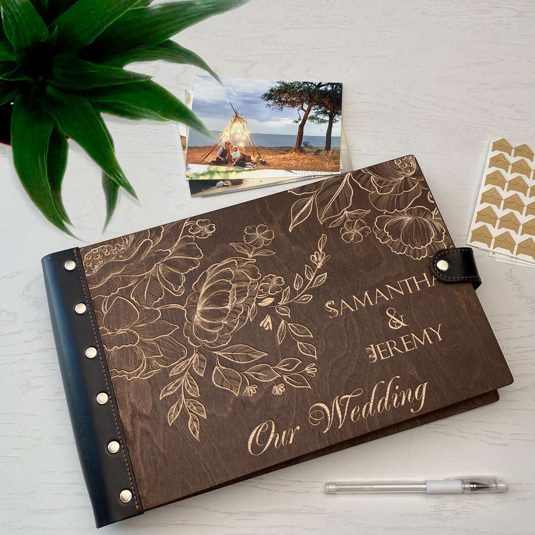 Personalized photo album with leather cover and Peonies Flowers engraving photo