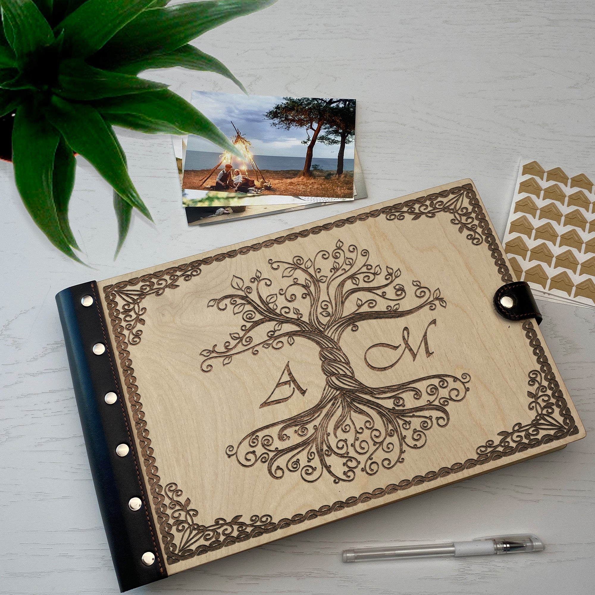 Personalized photo album with leather cover and Wood Life engraving