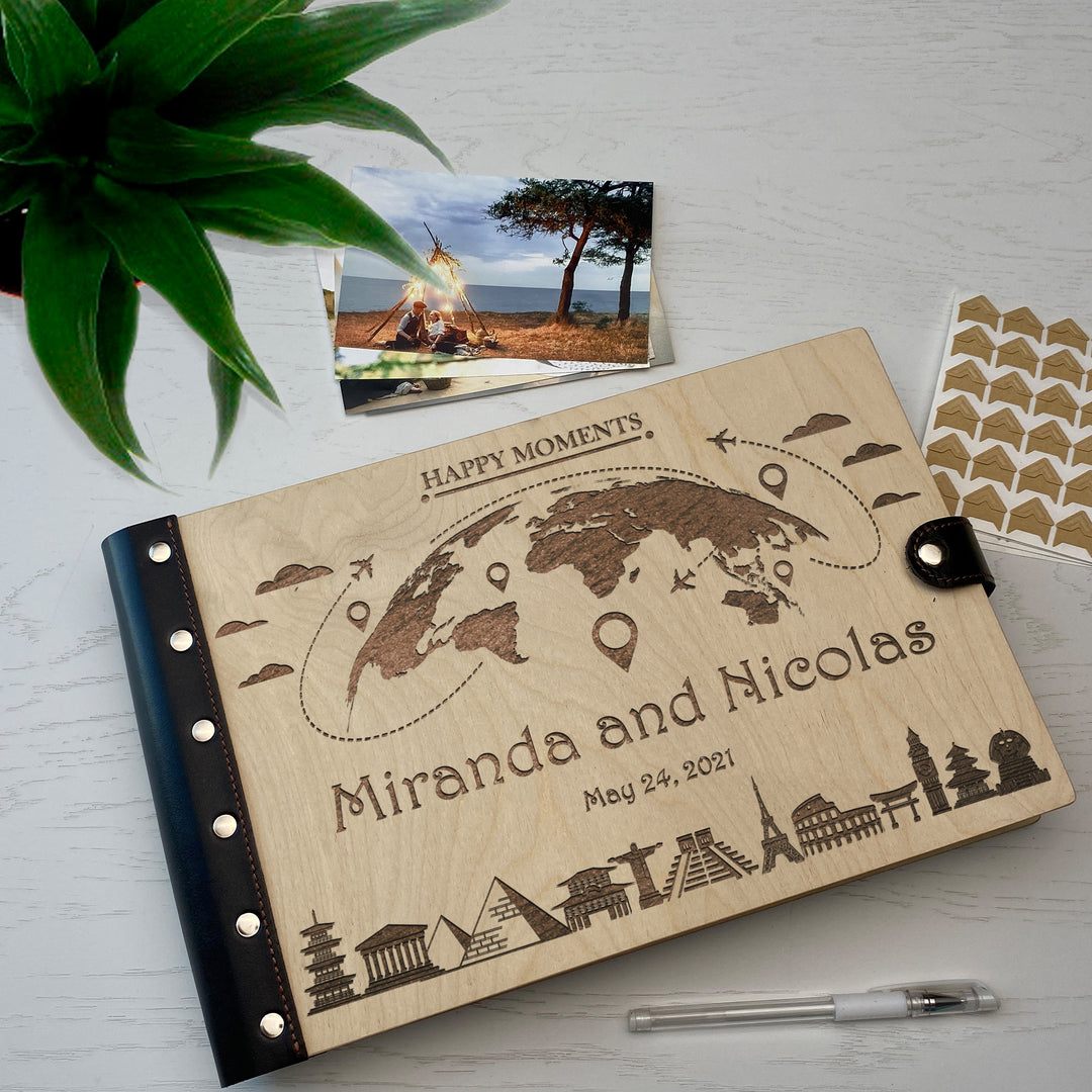 Personalized photo album with leather cover and Globe engraving photo