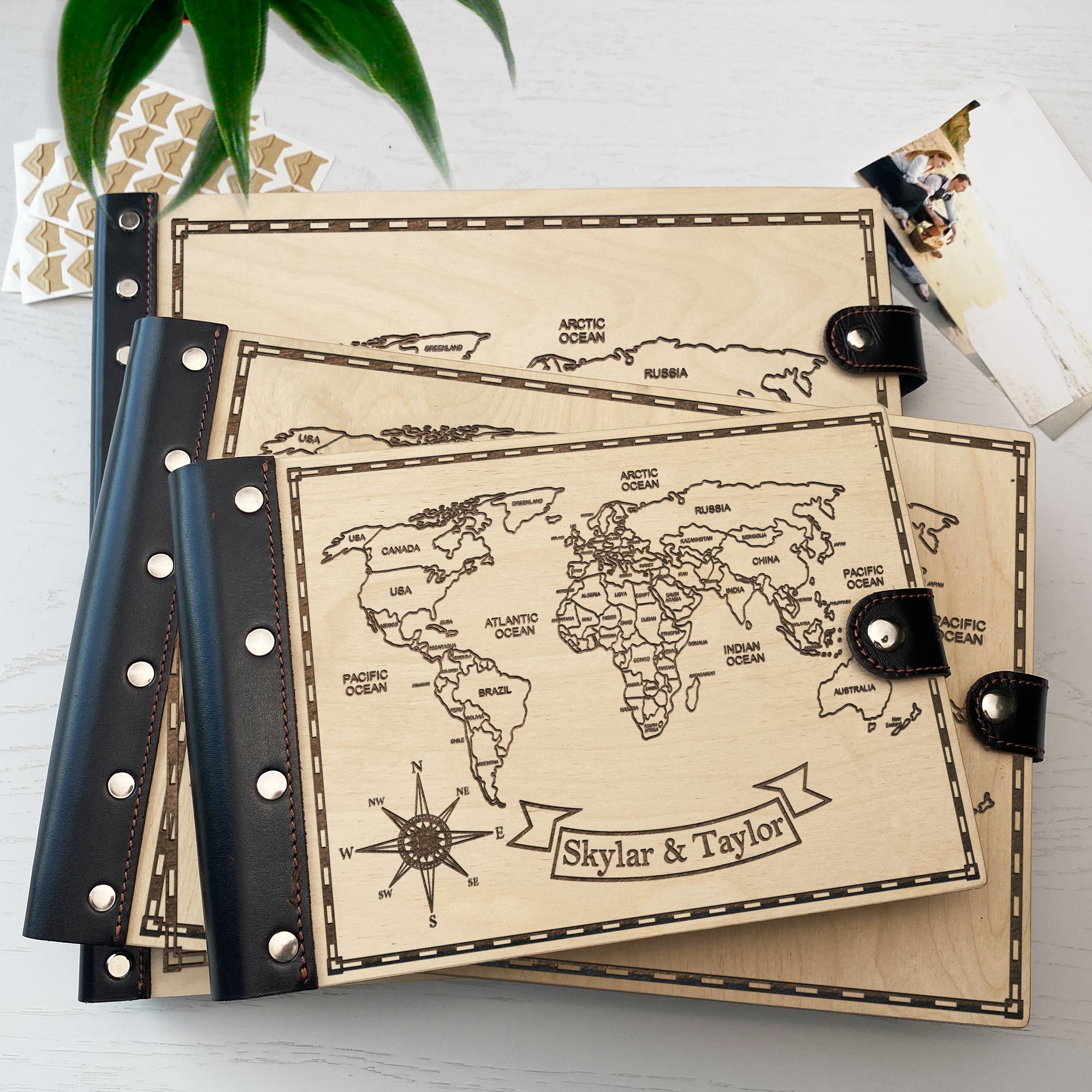 Personalized photo album with leather cover and Prime Meridian engraving