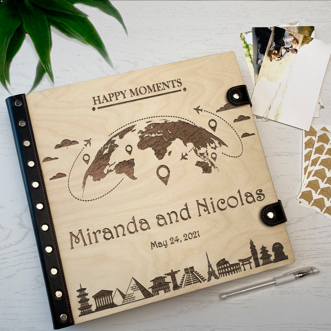 Personalized photo album with leather cover and Globe engraving photo №2