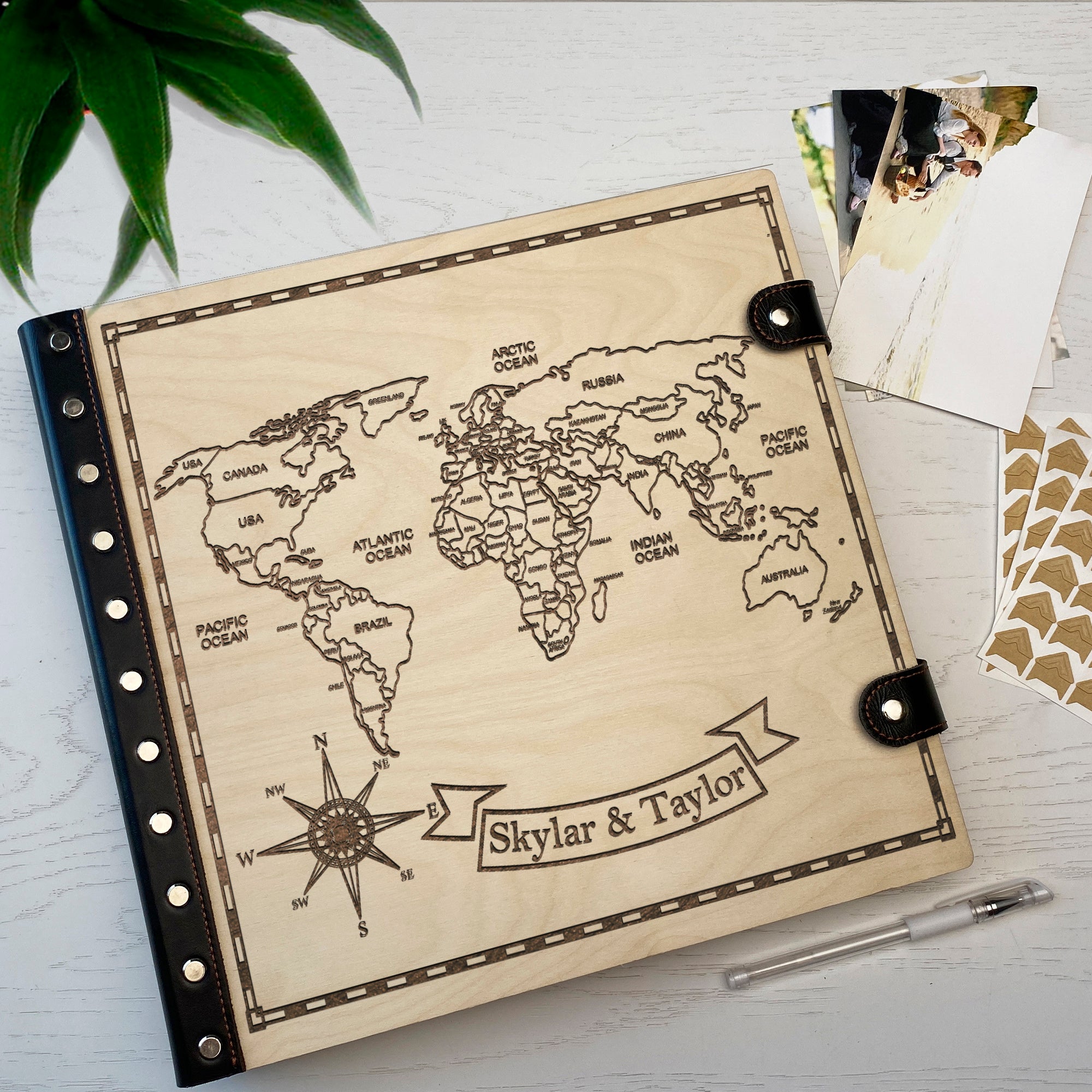 Personalized photo album with leather cover and Prime Meridian engraving