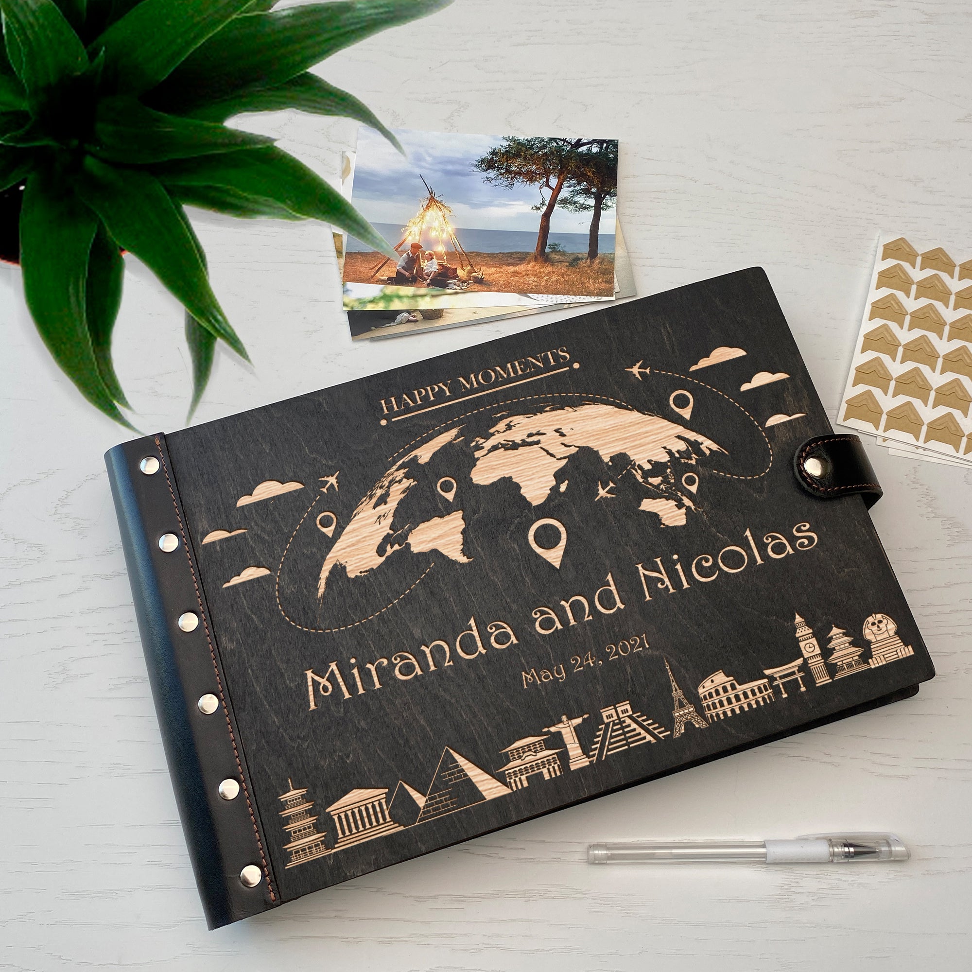 Personalized photo album with leather cover and Globe engraving