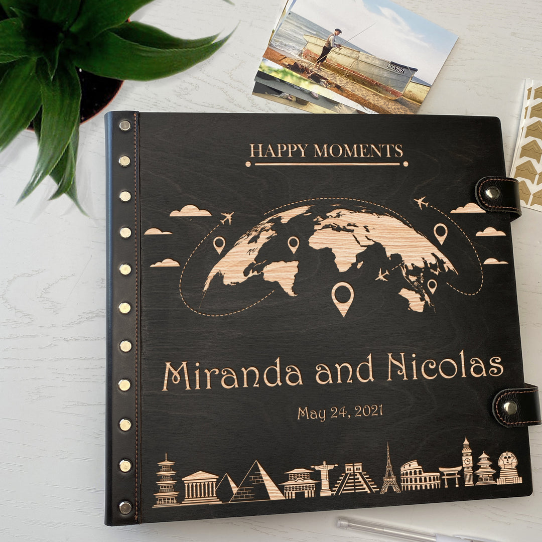 Personalized photo album with leather cover and Globe engraving photo №4