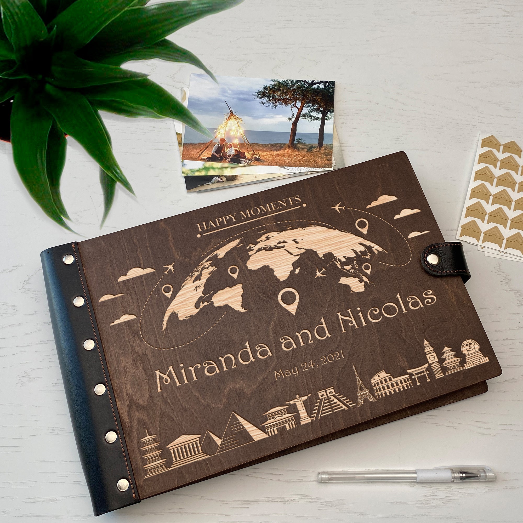 Personalized photo album with leather cover and Globe engraving