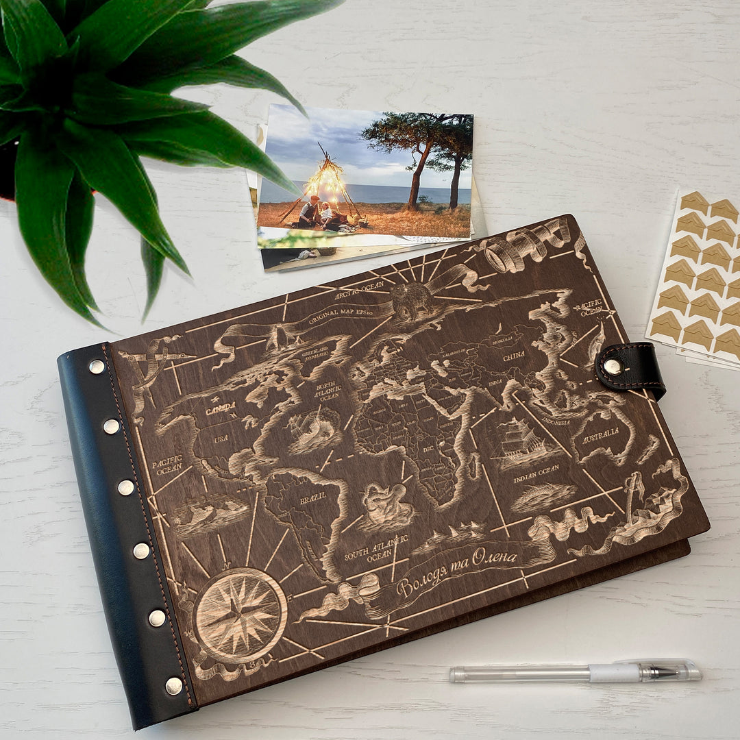 Personalized photo album with leather cover and My World engraving photo