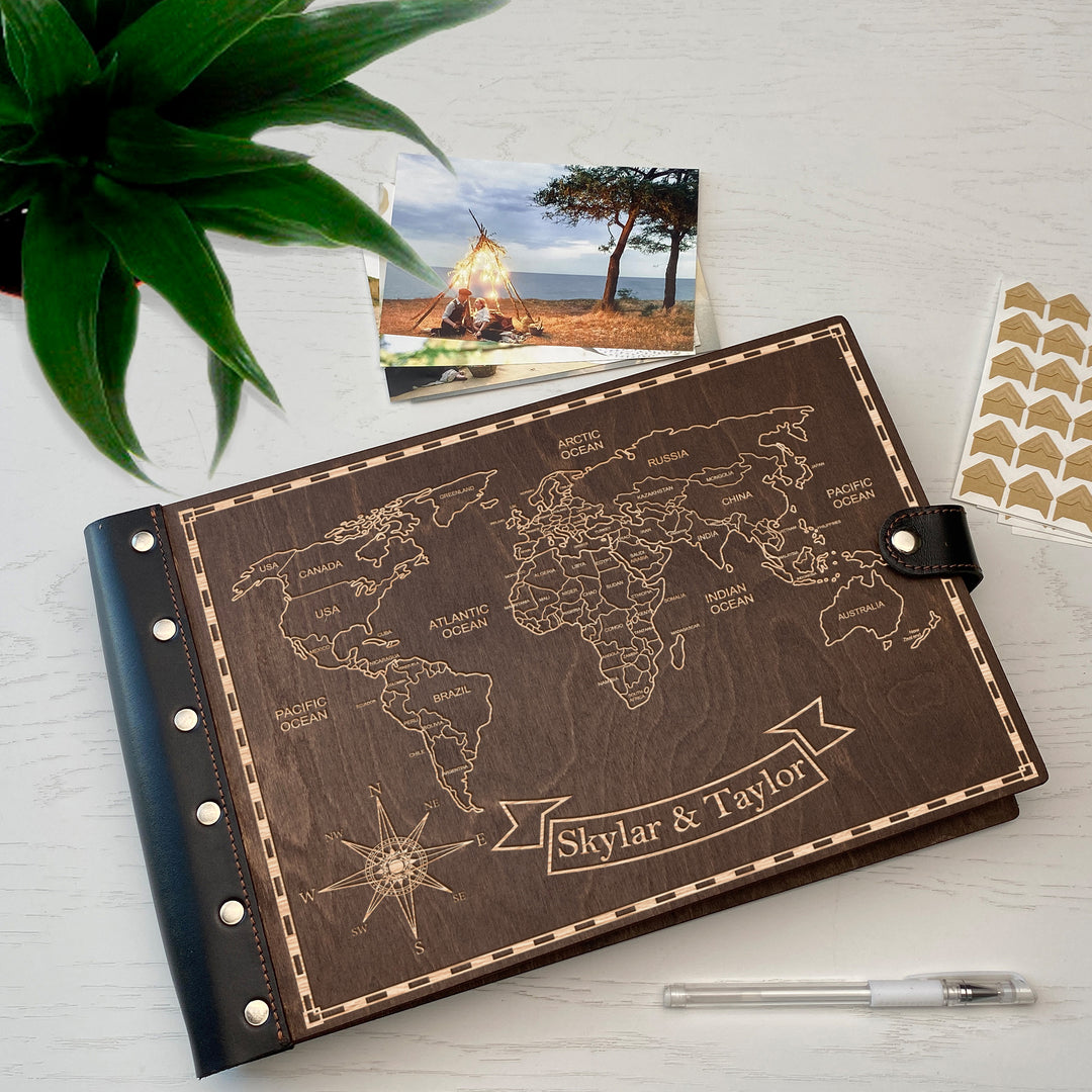 Personalized photo album with leather cover and Prime Meridian engraving photo