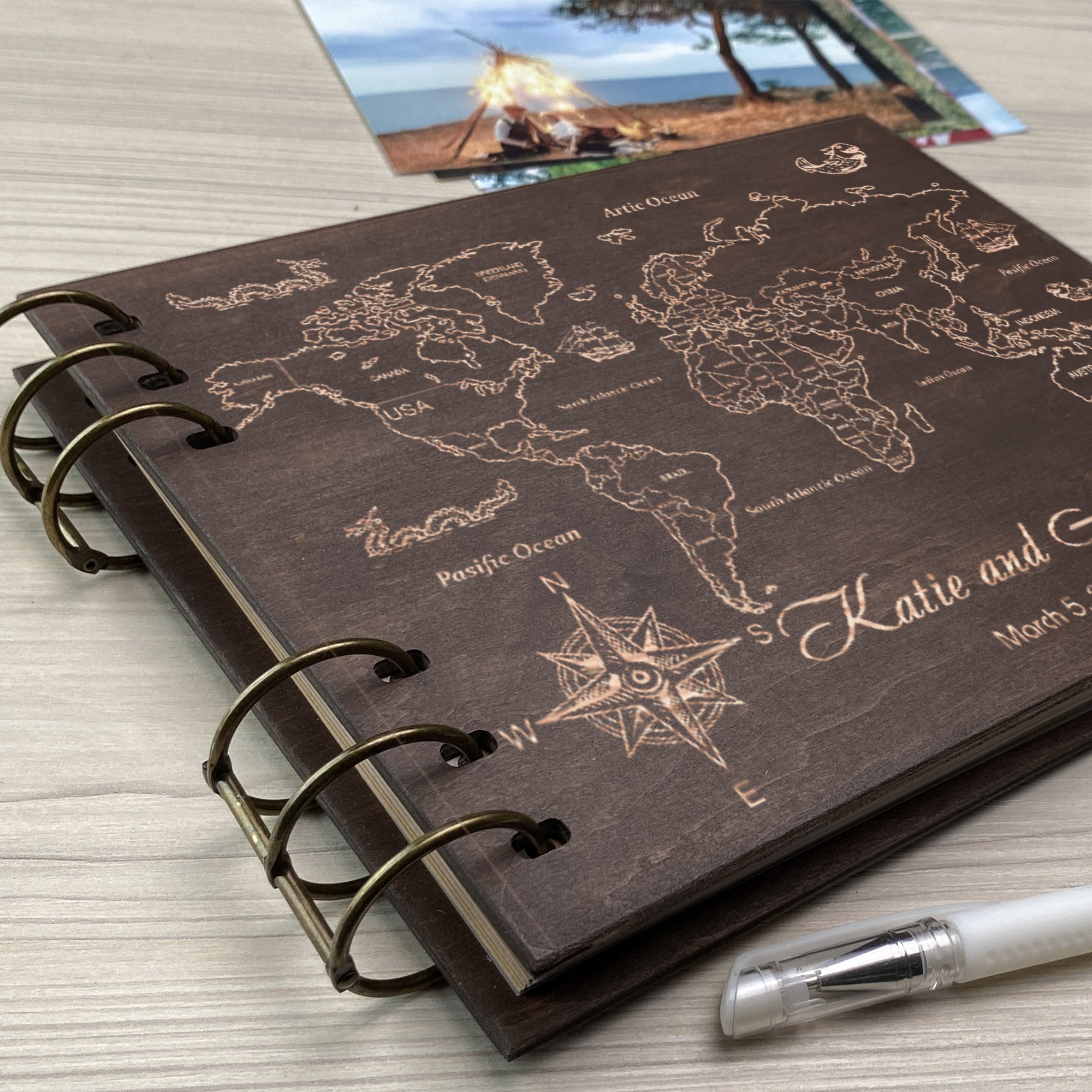 Personalized photo album cover and World map engraving