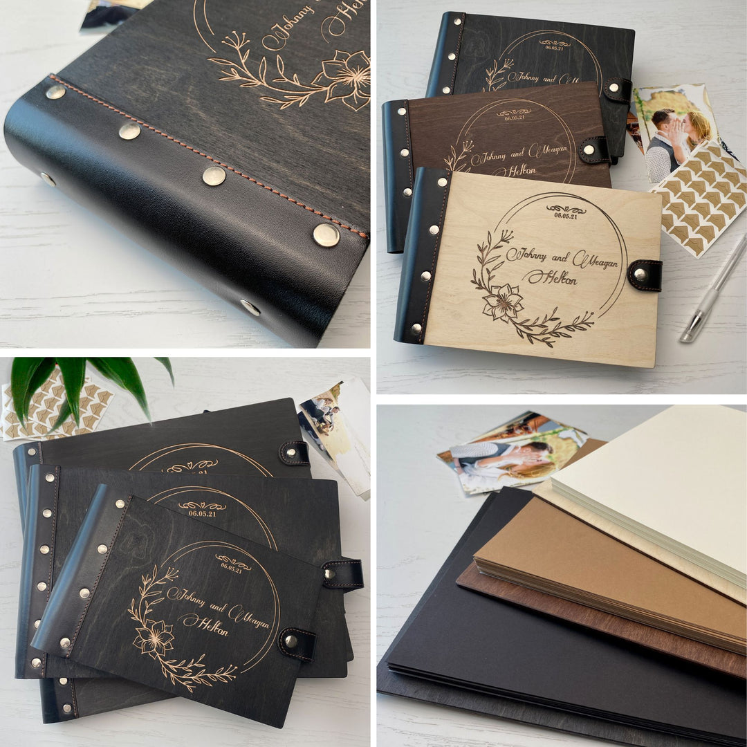 Personalized photo album with leather cover and Flowers engraving photo №7