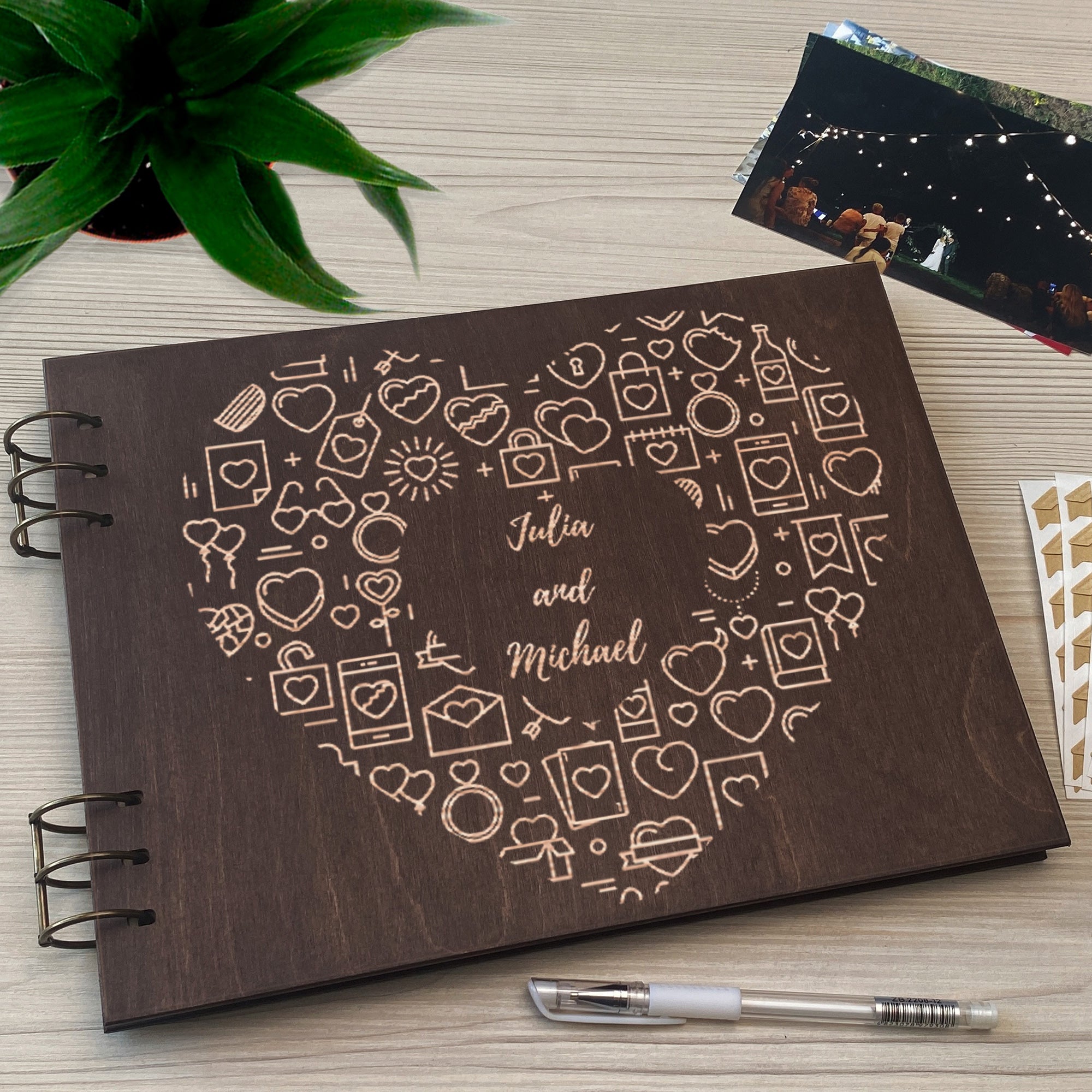 Personalized photo album cover and Hearts engraving