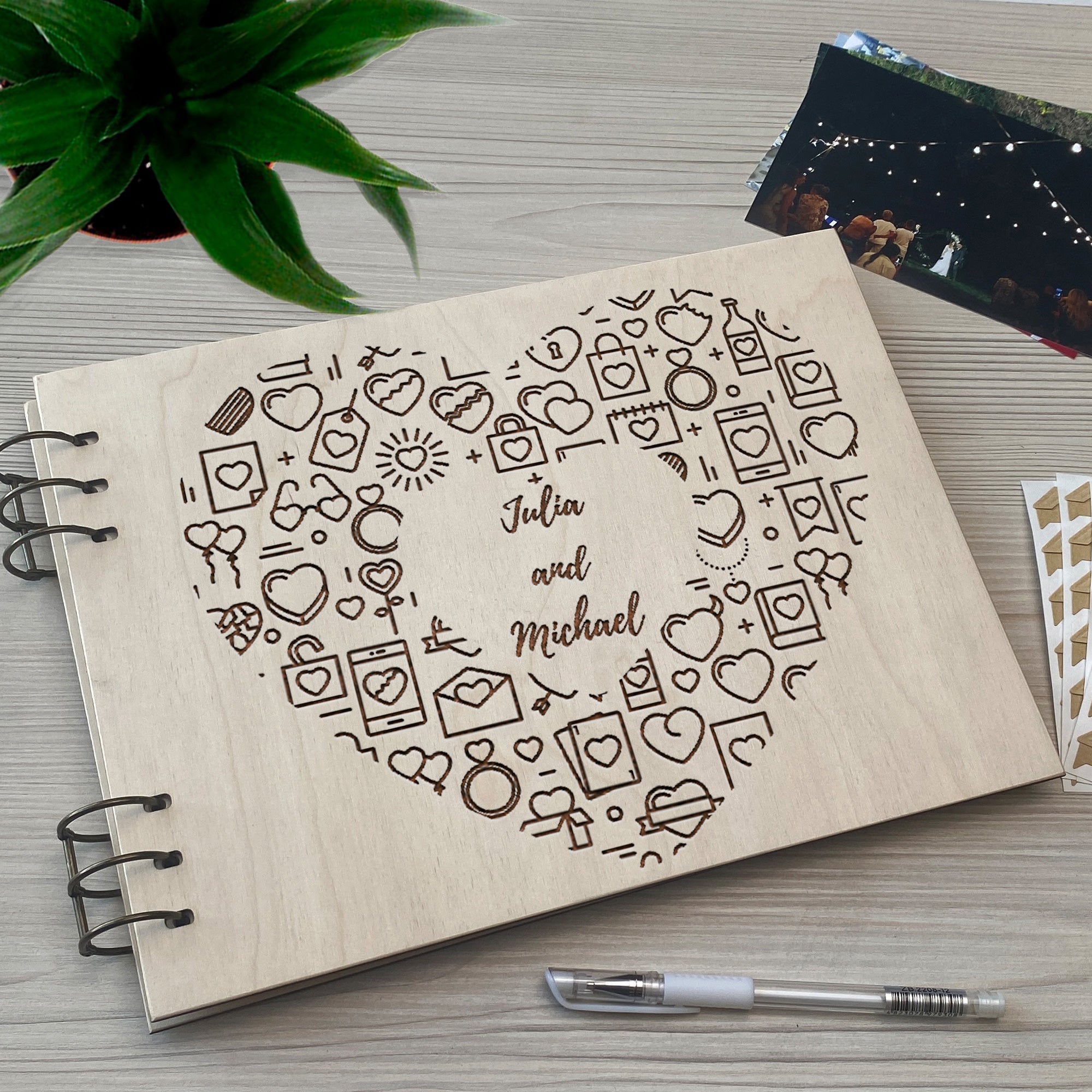 Personalized photo album cover and Hearts engraving