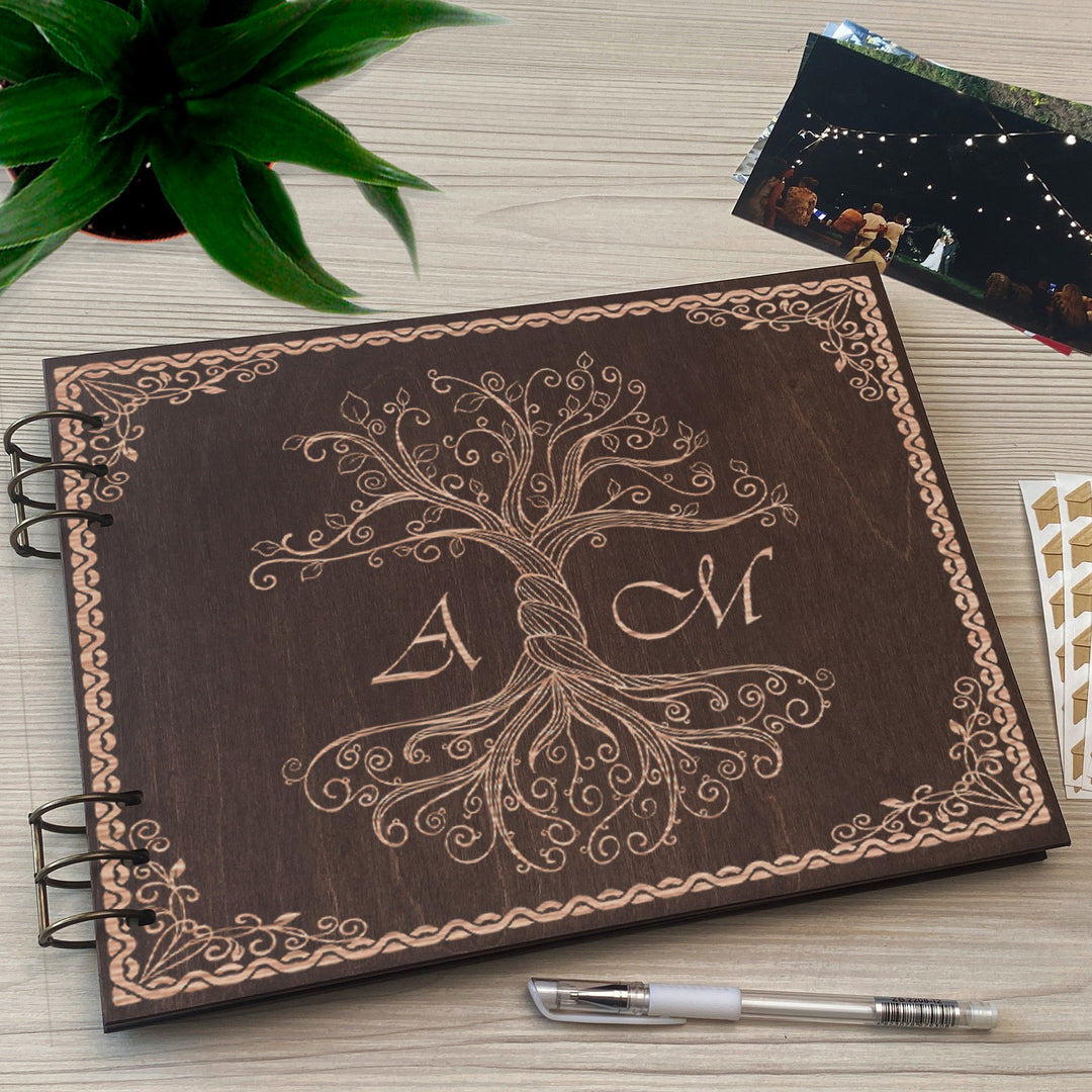 Personalized photo album cover and Family Wood engraving photo