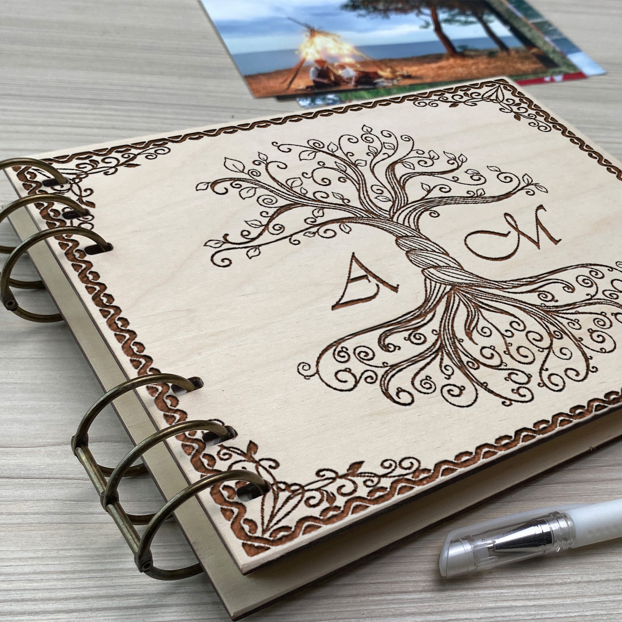 Personalized photo album cover and Family Wood engraving