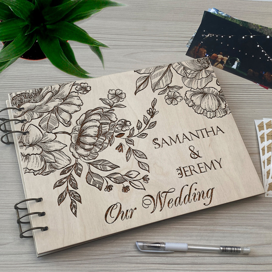 Personalized photo album cover and Peonies engraving photo