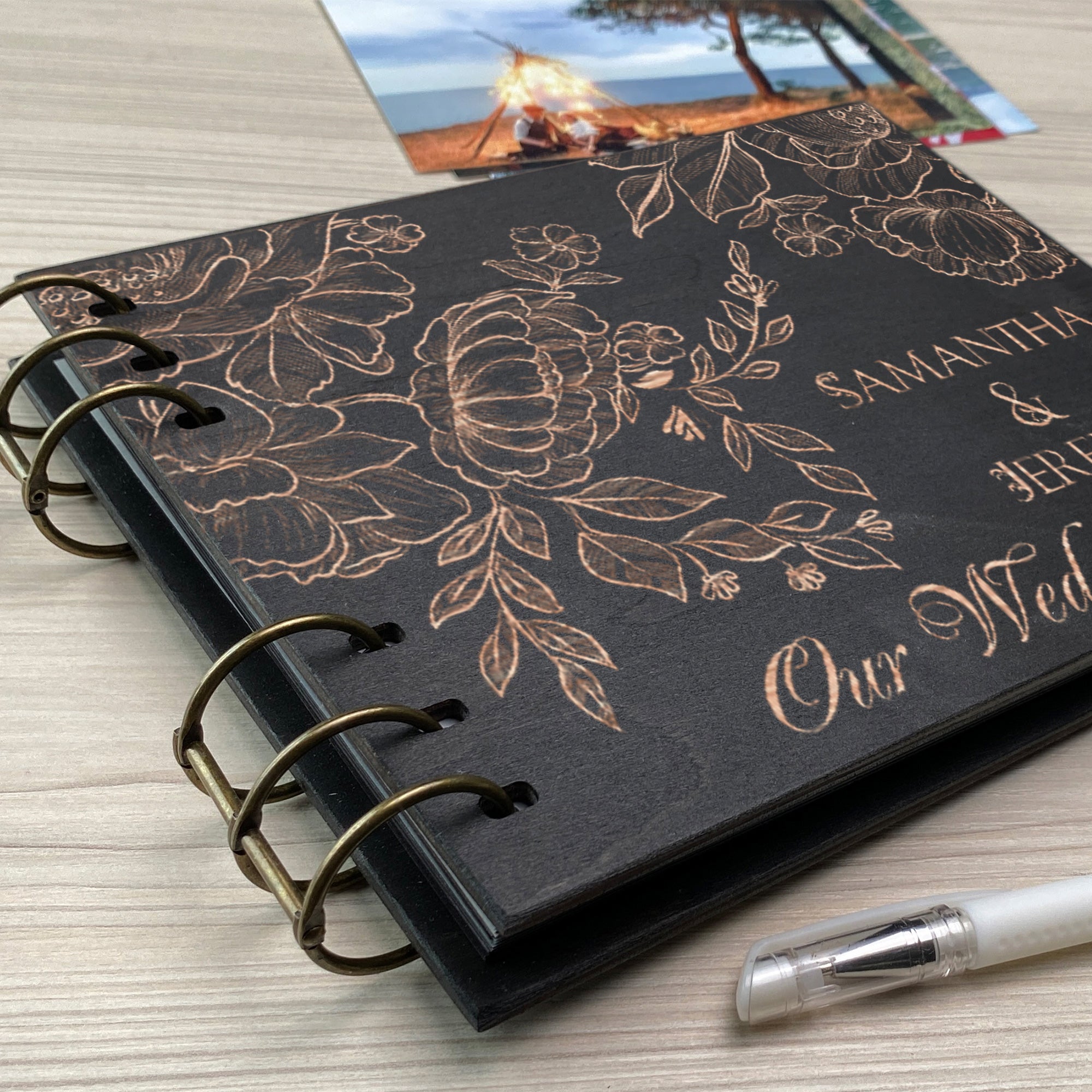 Personalized photo album cover and Peonies engraving