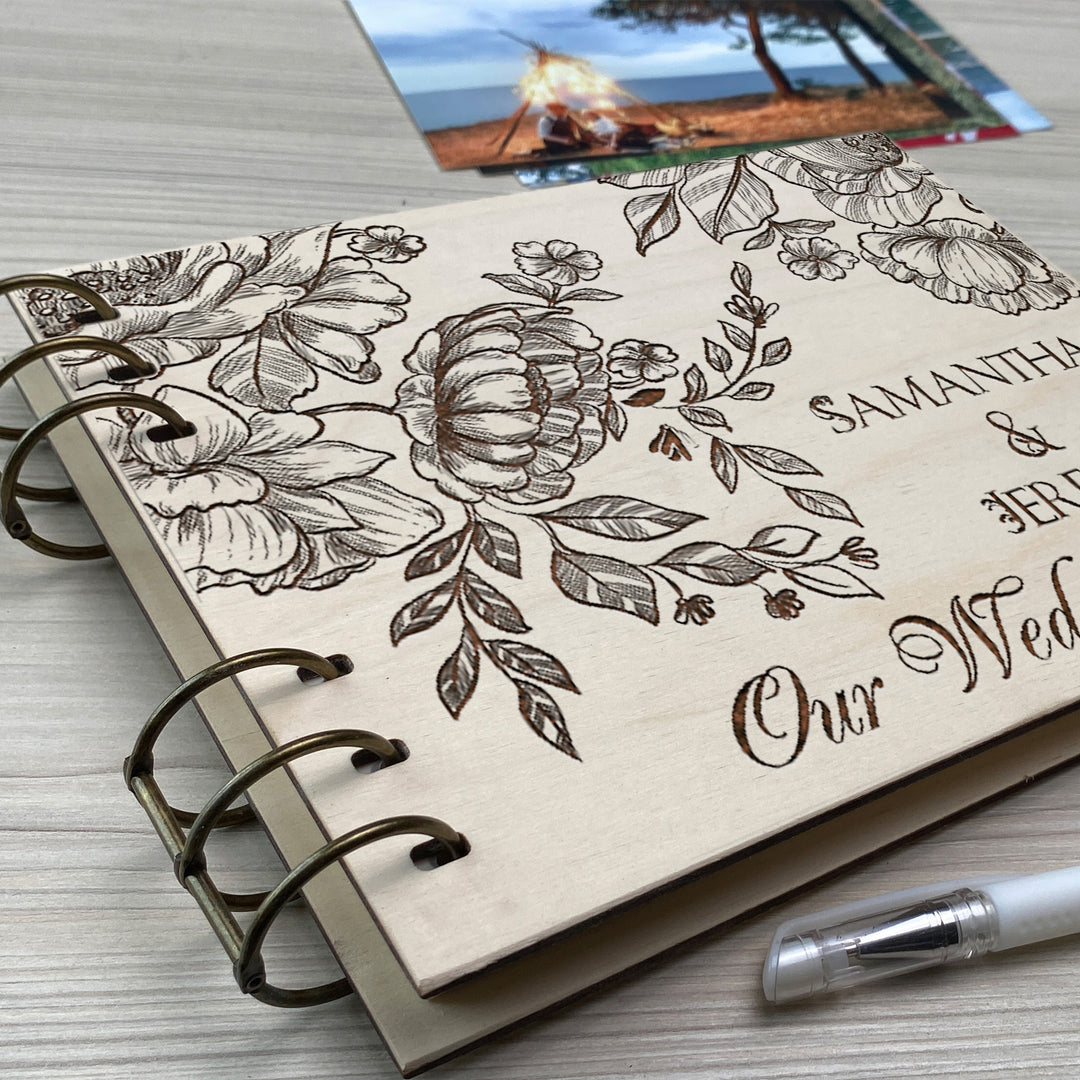 Personalized photo album cover and Peonies engraving photo №2