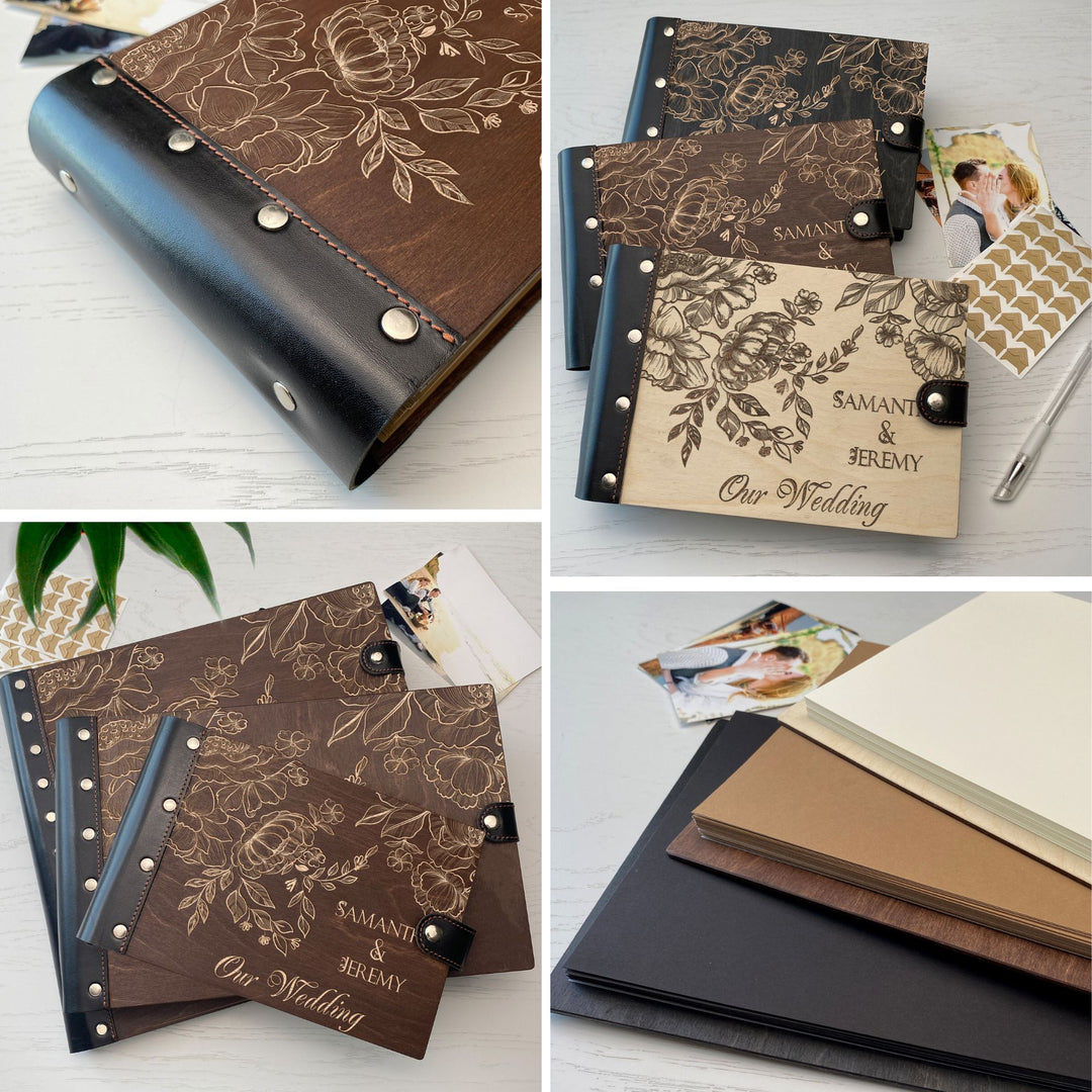 Personalized photo album with leather cover and Peonies Flowers engraving photo №19