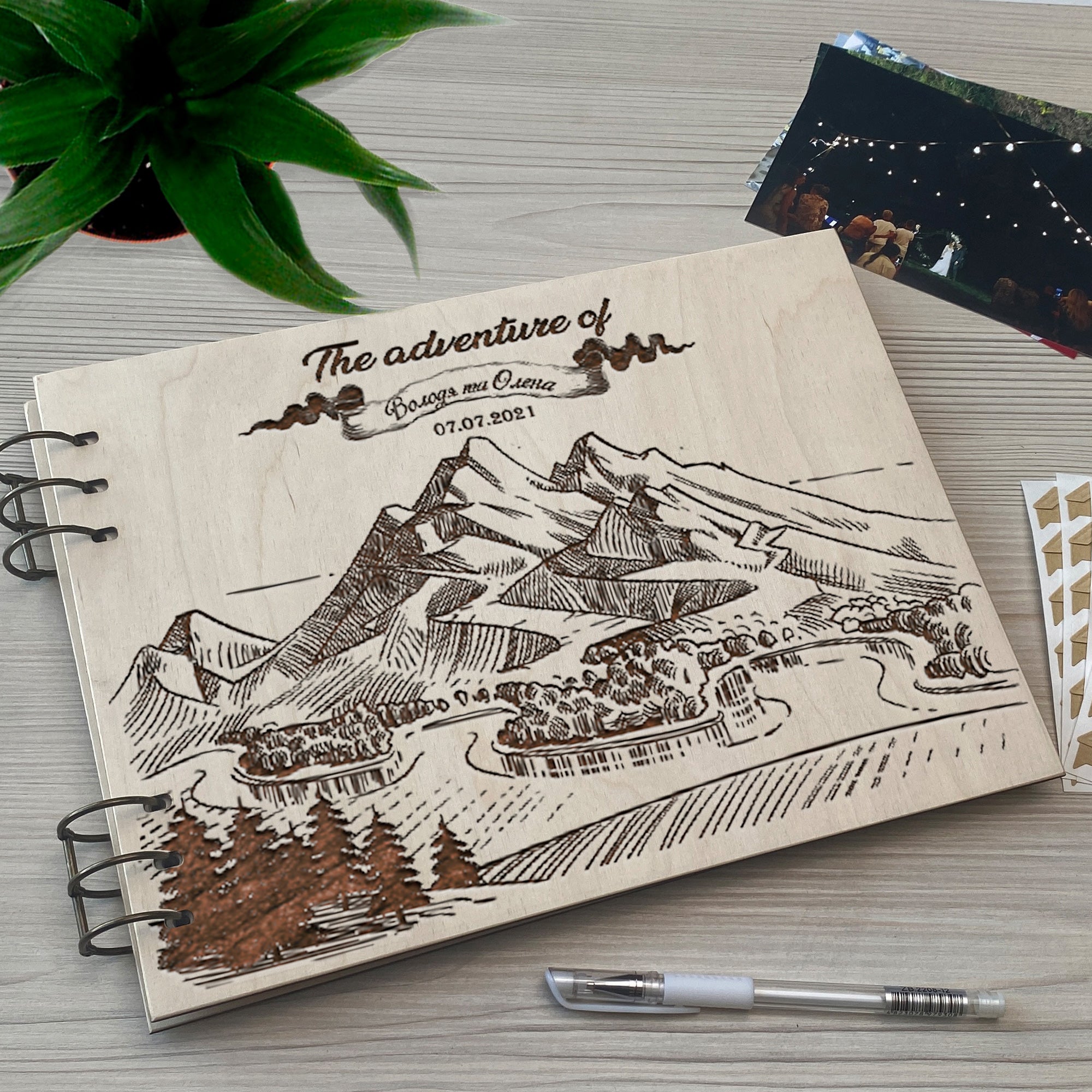 Personalized photo album cover and Mountain engraving