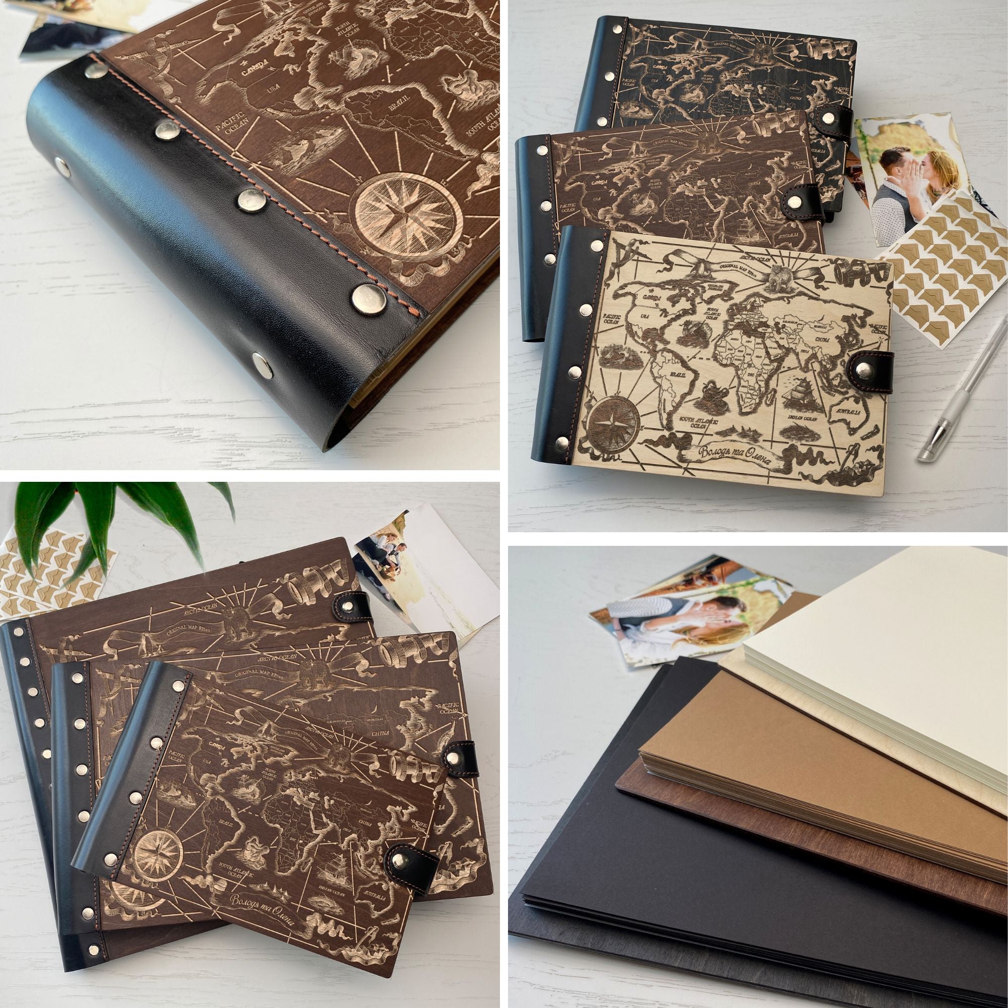 Personalized photo album with leather cover and My World engraving