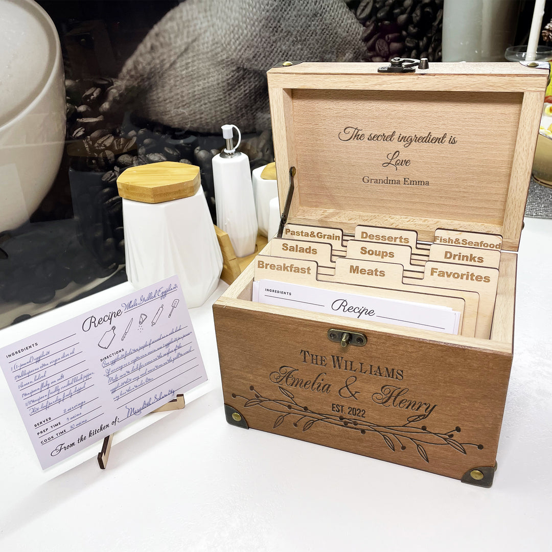 Personalized Recipe Box with Dividers and Cards Family Recipes engraving photo №2