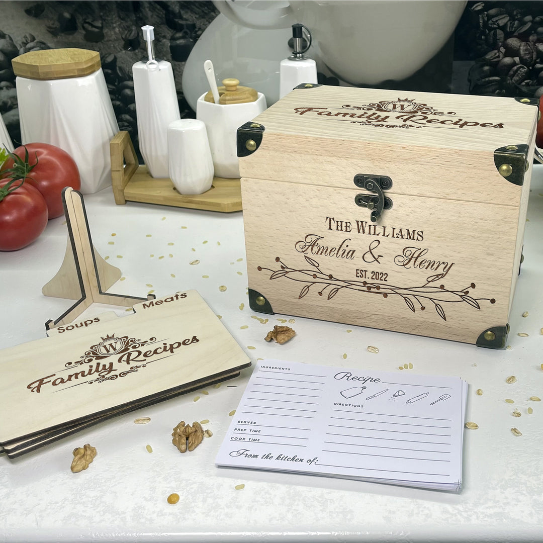 Personalized Recipe Box with Dividers and Cards Family Recipes engraving photo №3