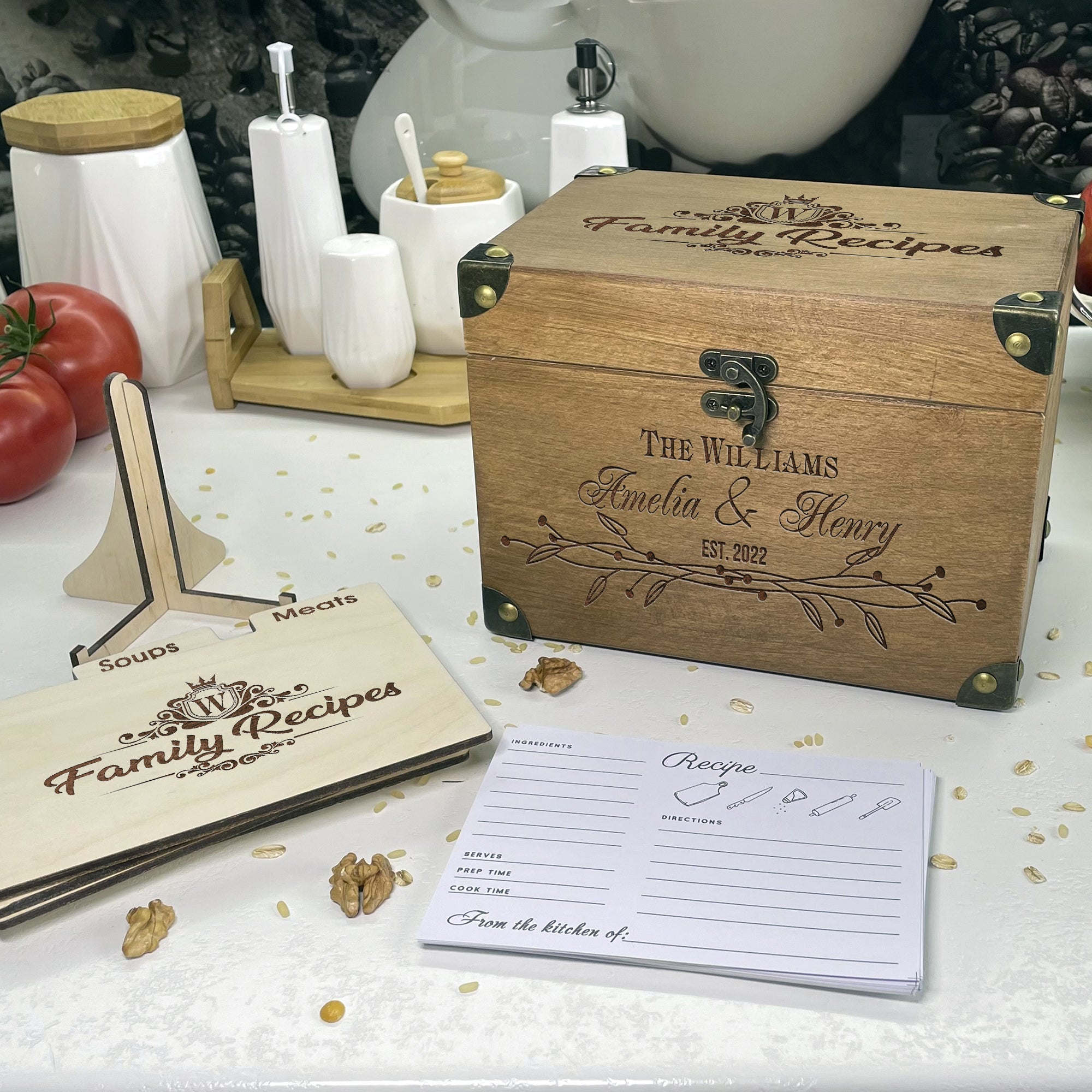 Personalized Recipe Box with Dividers and Cards Family Recipes engraving