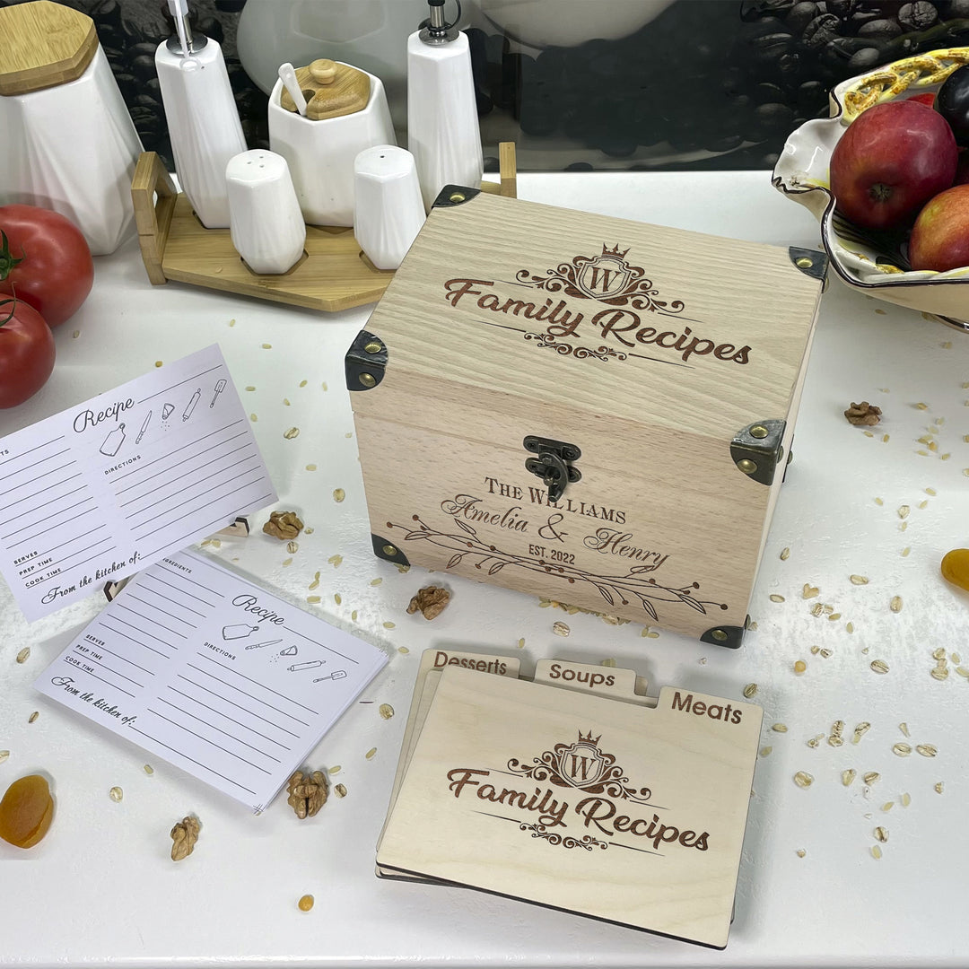 Personalized Recipe Box with Dividers and Cards Family Recipes engraving photo №4