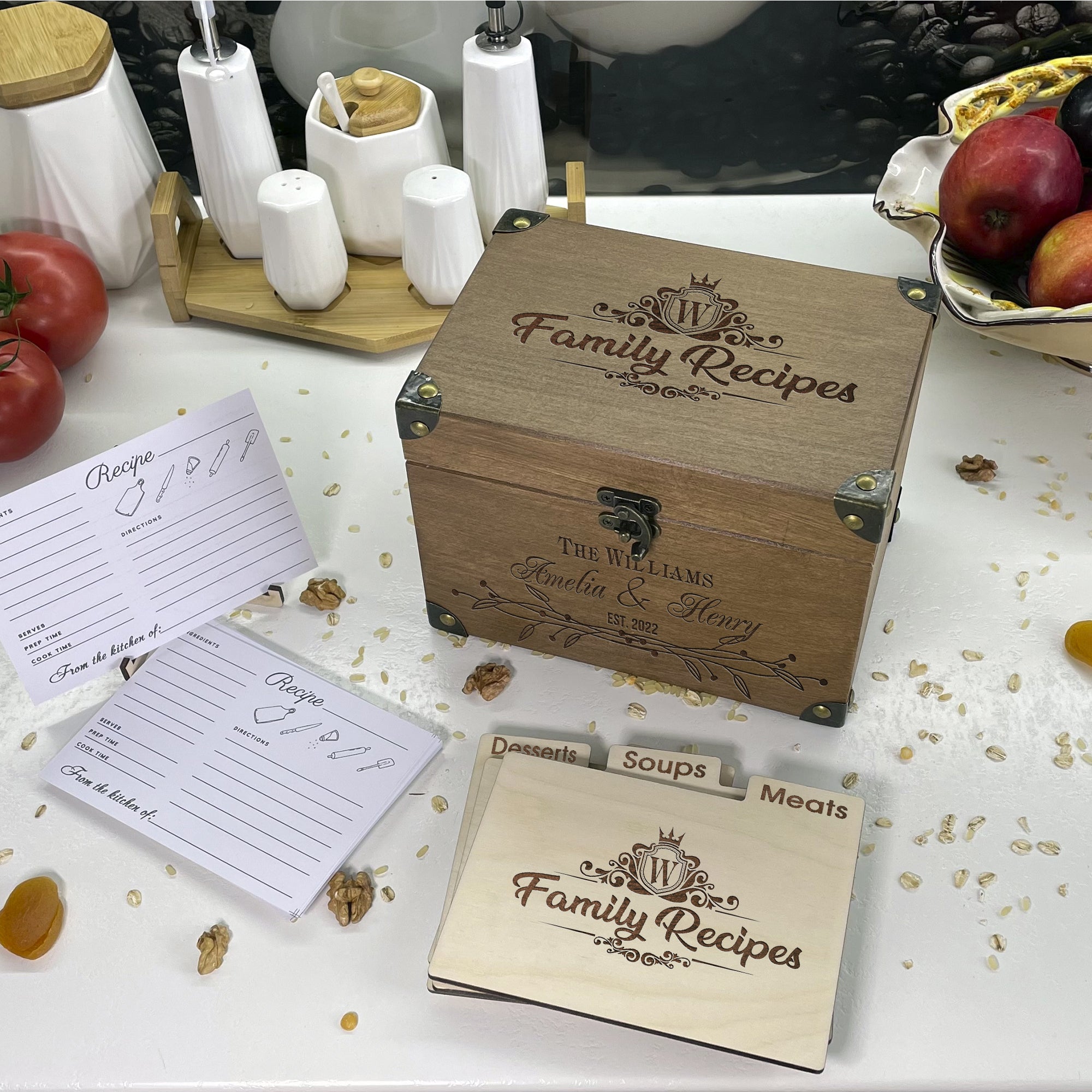 Personalized Recipe Box with Dividers and Cards Family Recipes engraving